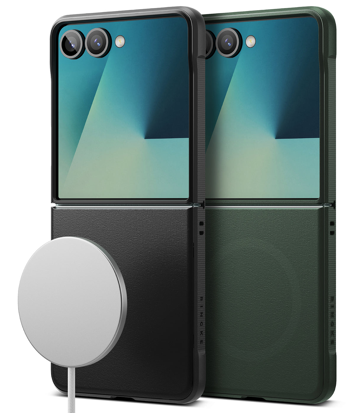 Galaxy Z Flip 7 Case | Onyx Magnetic - Two Galaxy Z Flip 7 phones in black and green cases with a magnetic charger.