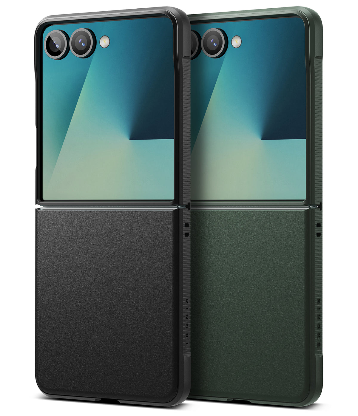 Galaxy Z Flip 7 Case | Onyx - Two Galaxy Z Flip 7 phones in black and dark green textured cases with dual rear cameras.