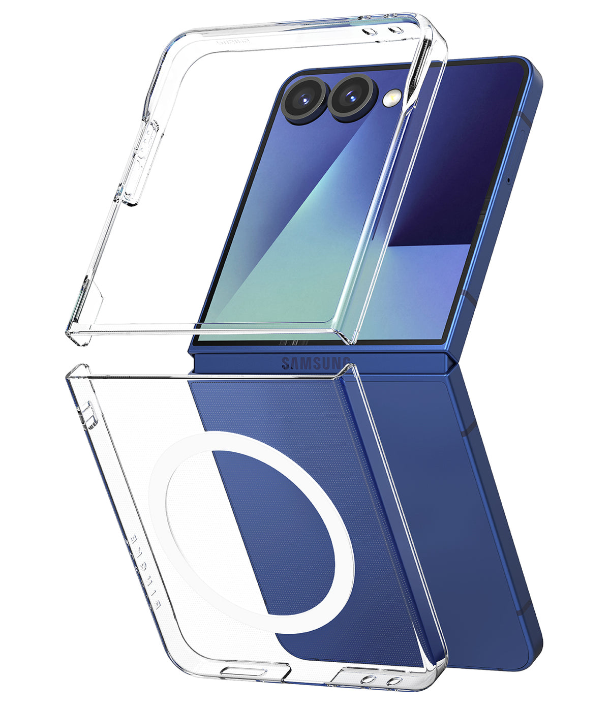 Galaxy Z Flip 7 Case | Slim Magnetic - A blue Galaxy Z Flip 7 phone with a clear, magnetic two-piece protective case.