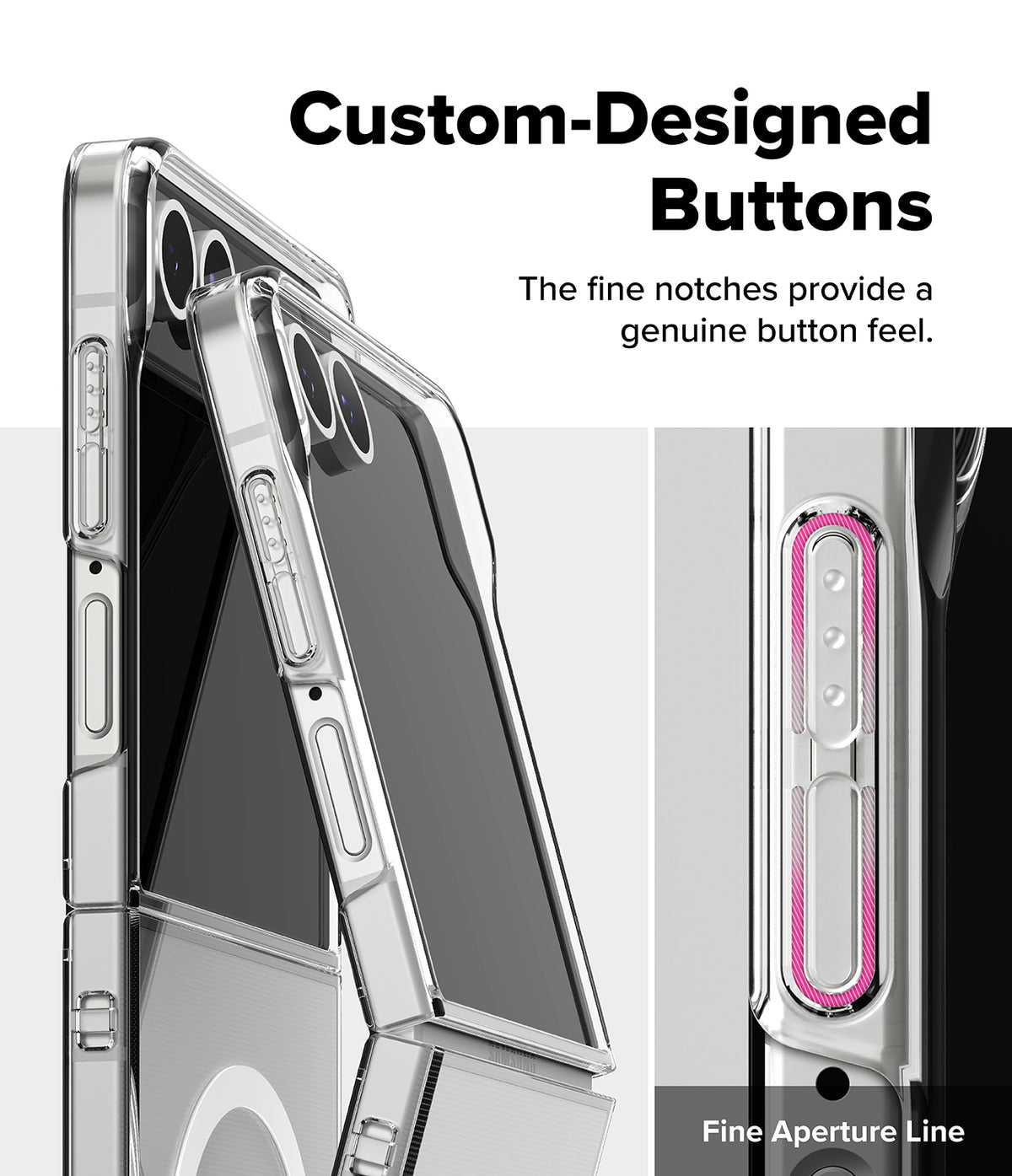 Galaxy Z Flip 7 Case | Slim Magnetic - Clear phone case showing detailed side buttons with highlighted fine notches.