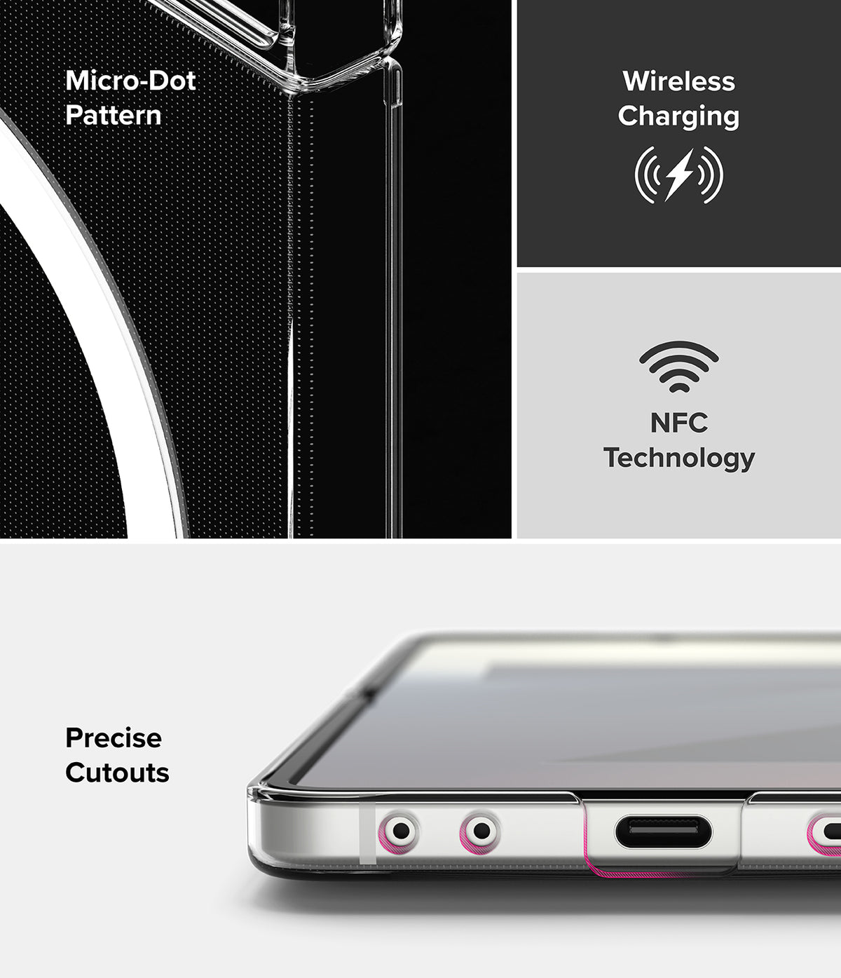 Galaxy Z Flip 7 Case | Slim Magnetic - Clear case features, micro-dot pattern, wireless charging, NFC, and precise cutouts.