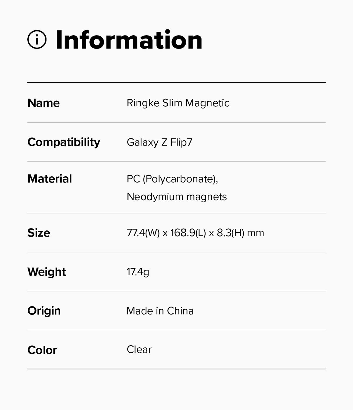 Galaxy Z Flip 7 Case | Slim Magnetic - Information table listing product name, compatibility, material, size, weight, and color.