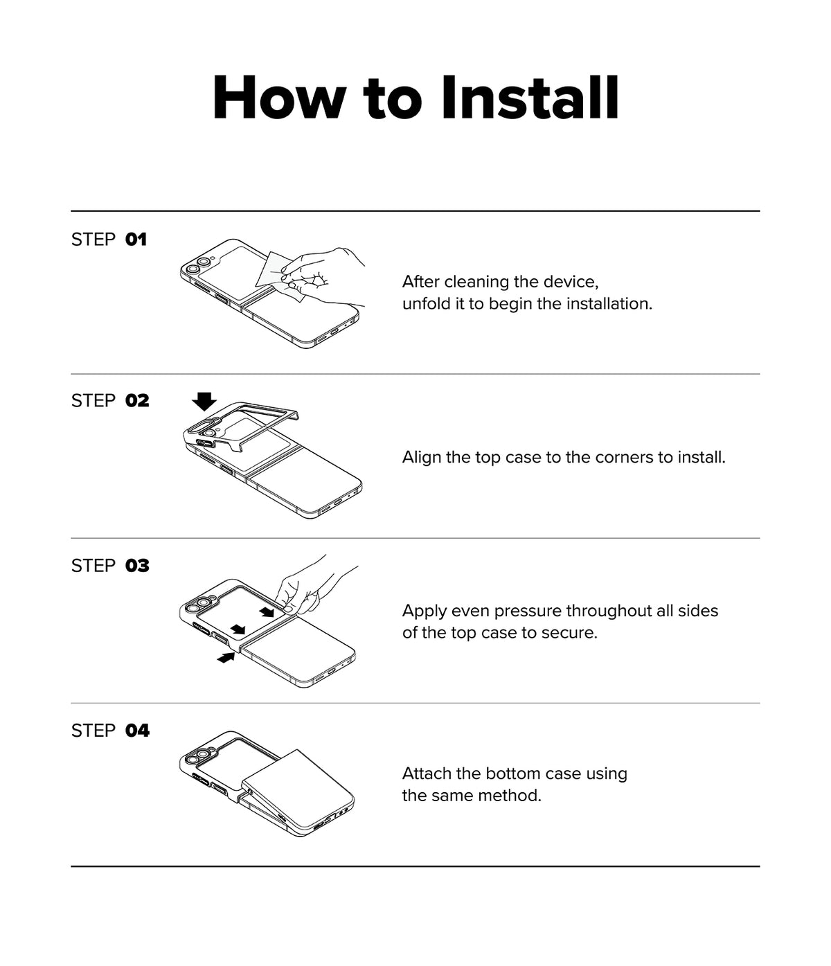 Galaxy Z Flip 7 Case | Slim Magnetic - Four-step illustrated guide showing how to clean, align, and snap the case onto the phone.