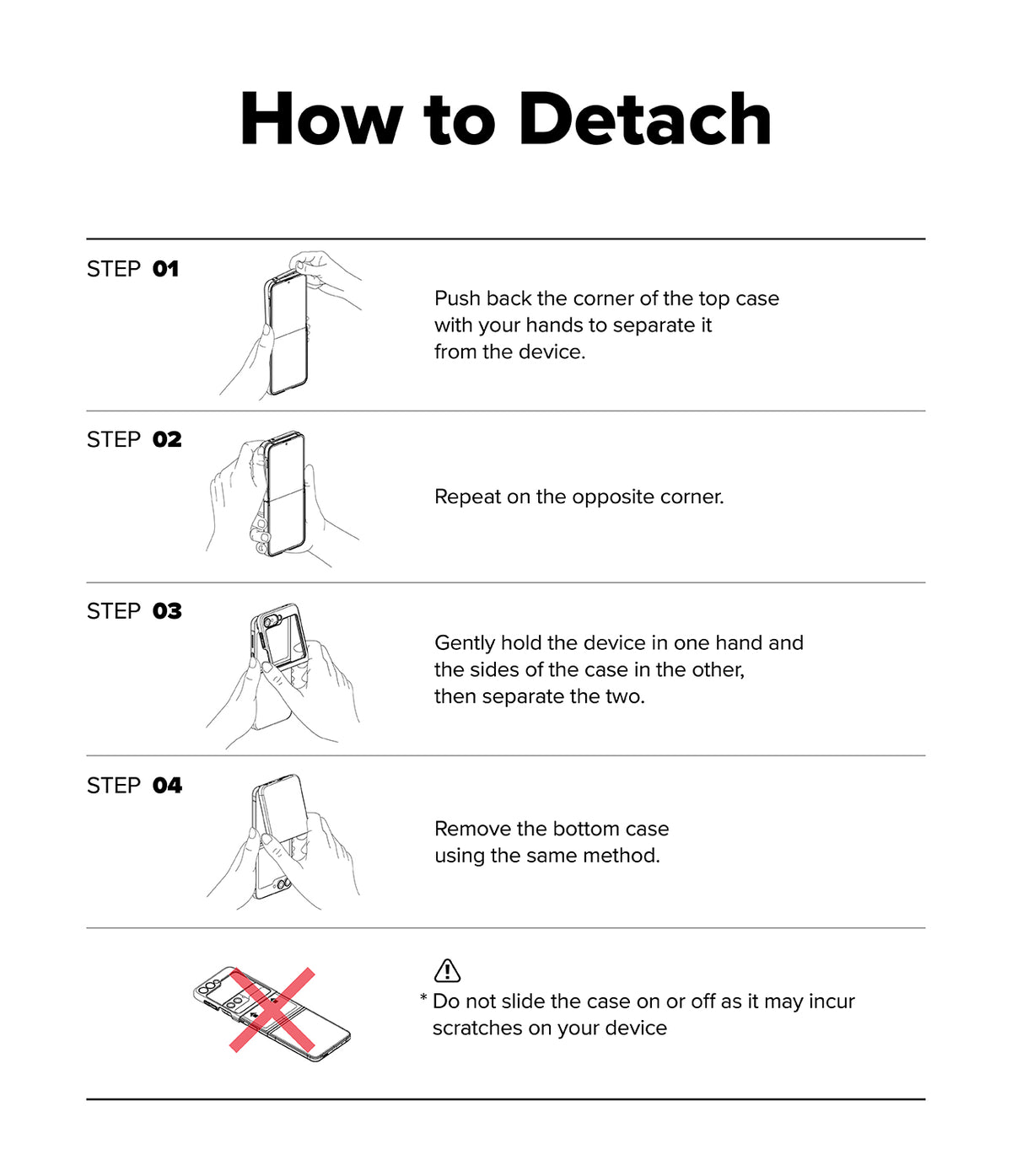 Galaxy Z Flip 7 Case | Slim Magnetic - Four-step illustrated guide showing how to safely detach the phone case.