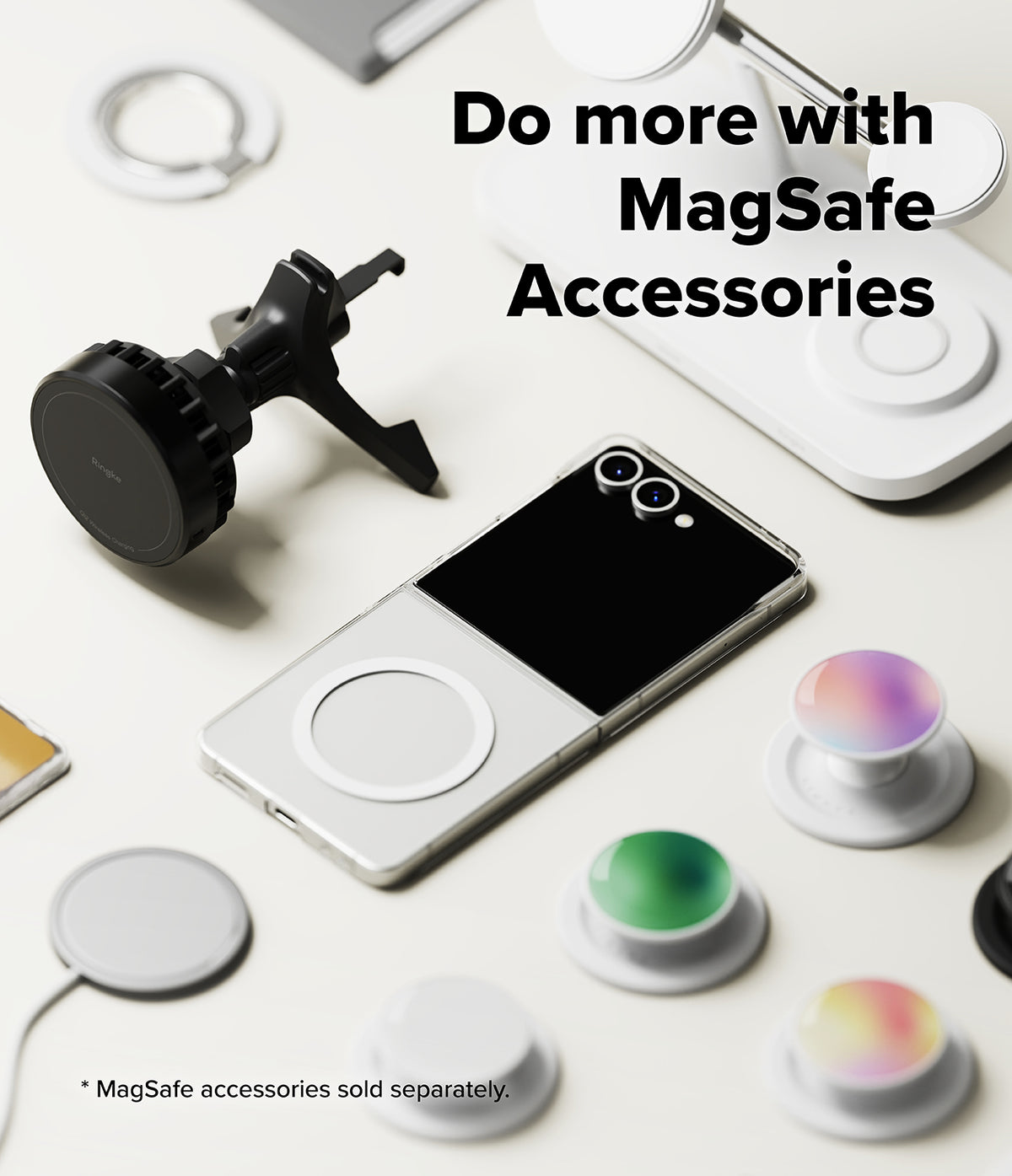 Galaxy Z Flip 7 Case | Slim Magnetic - Galaxy Z Flip 7 with magnetic case surrounded by various MagSafe accessories.