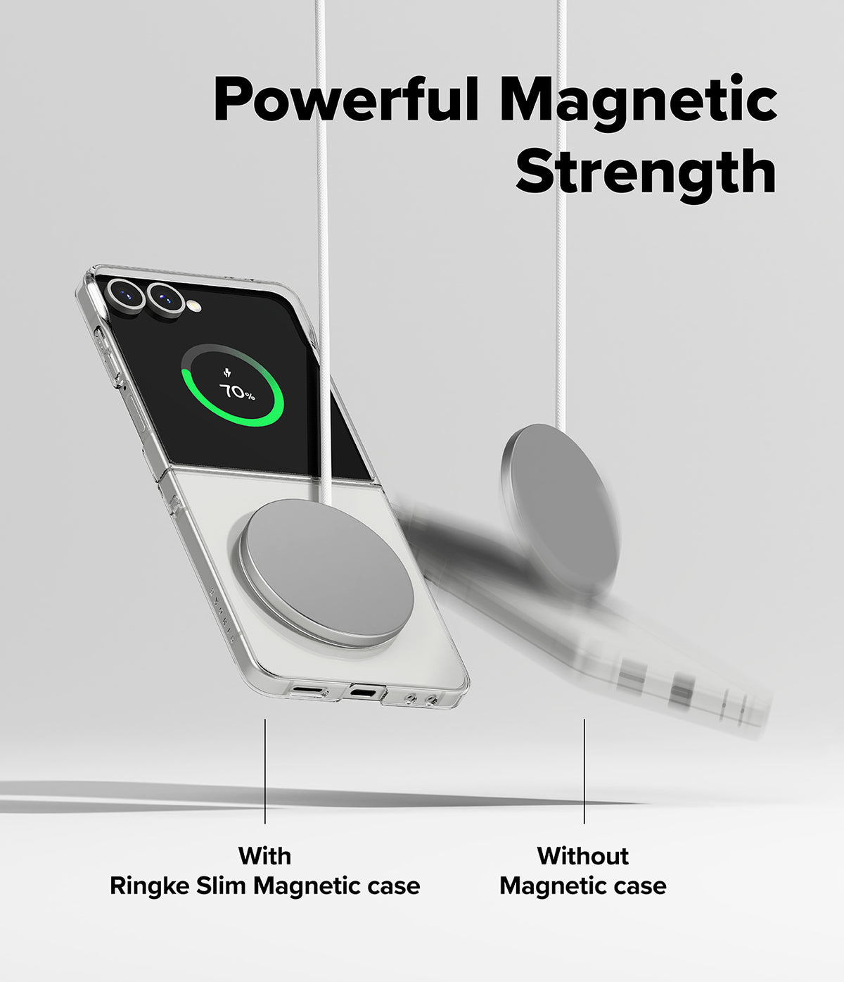 Galaxy Z Flip 7 Case | Slim Magnetic - A magnetic charger holds a phone with a case, while another falls without one.