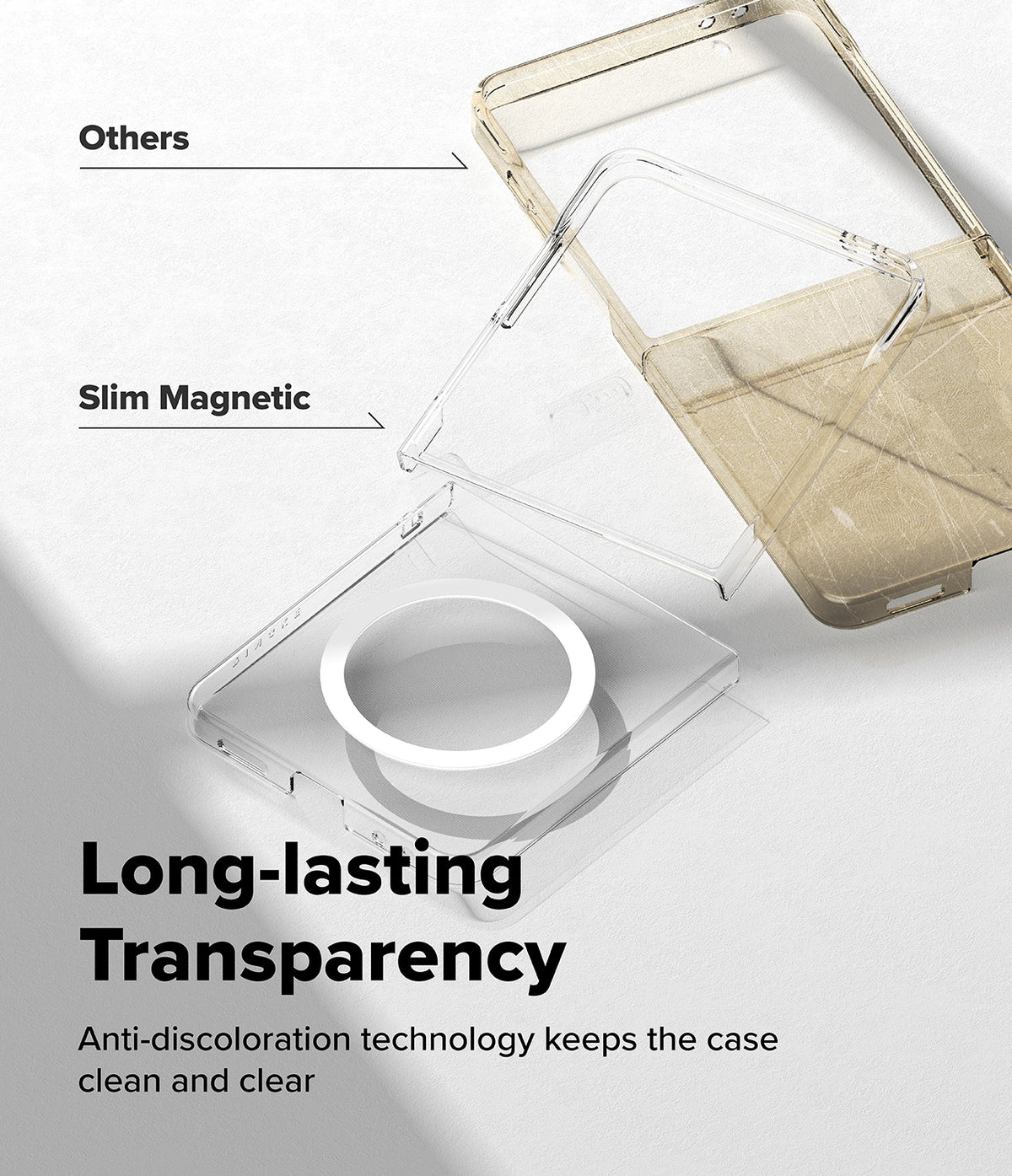 Galaxy Z Flip 7 Case | Slim Magnetic - Comparison showing a clear Slim Magnetic case versus a yellowed competitor case.