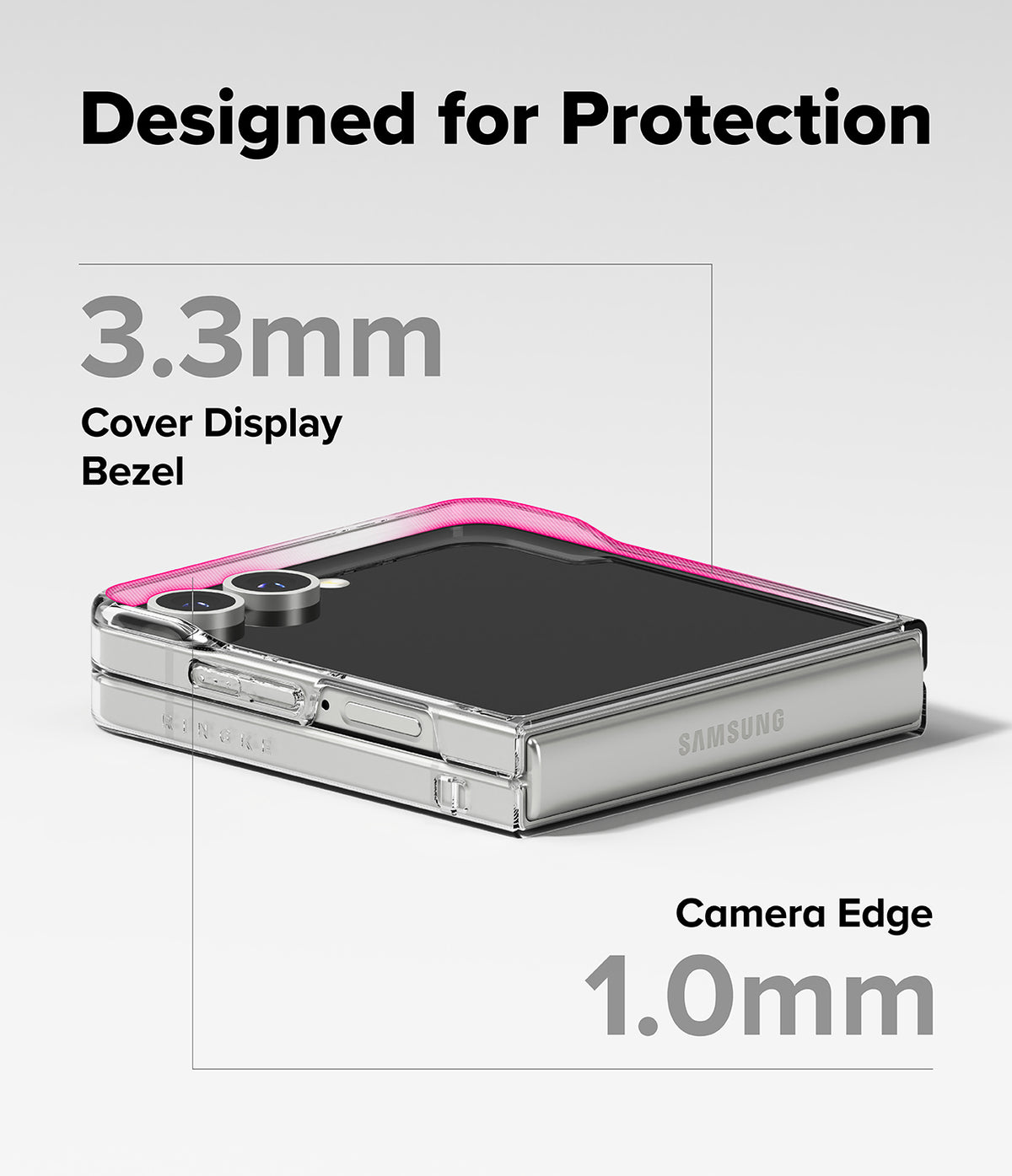Galaxy Z Flip 7 Case | Slim Magnetic - Folded phone in clear case showing 3.3mm cover display bezel and 1.0mm camera edge.