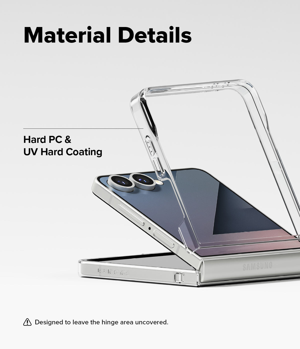 Galaxy Z Flip 7 Case | Slim Magnetic - Clear hard PC case hovering above a folded Galaxy Z Flip 7 phone.