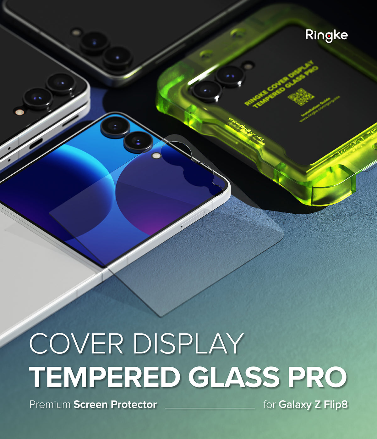 Galaxy Z Flip 8 Screen Protector | Cover Display Tempered Glass Pro (2 Pack) -Ringke cover display tempered glass pro screen protector shown over a smartphone, with other phones and a translucent green case in the background. Text at the bottom reads 'COVER DISPLAY TEMPERED GLASS PRO' and 'Premium Screen Protector for Galaxy Z Flip8'.