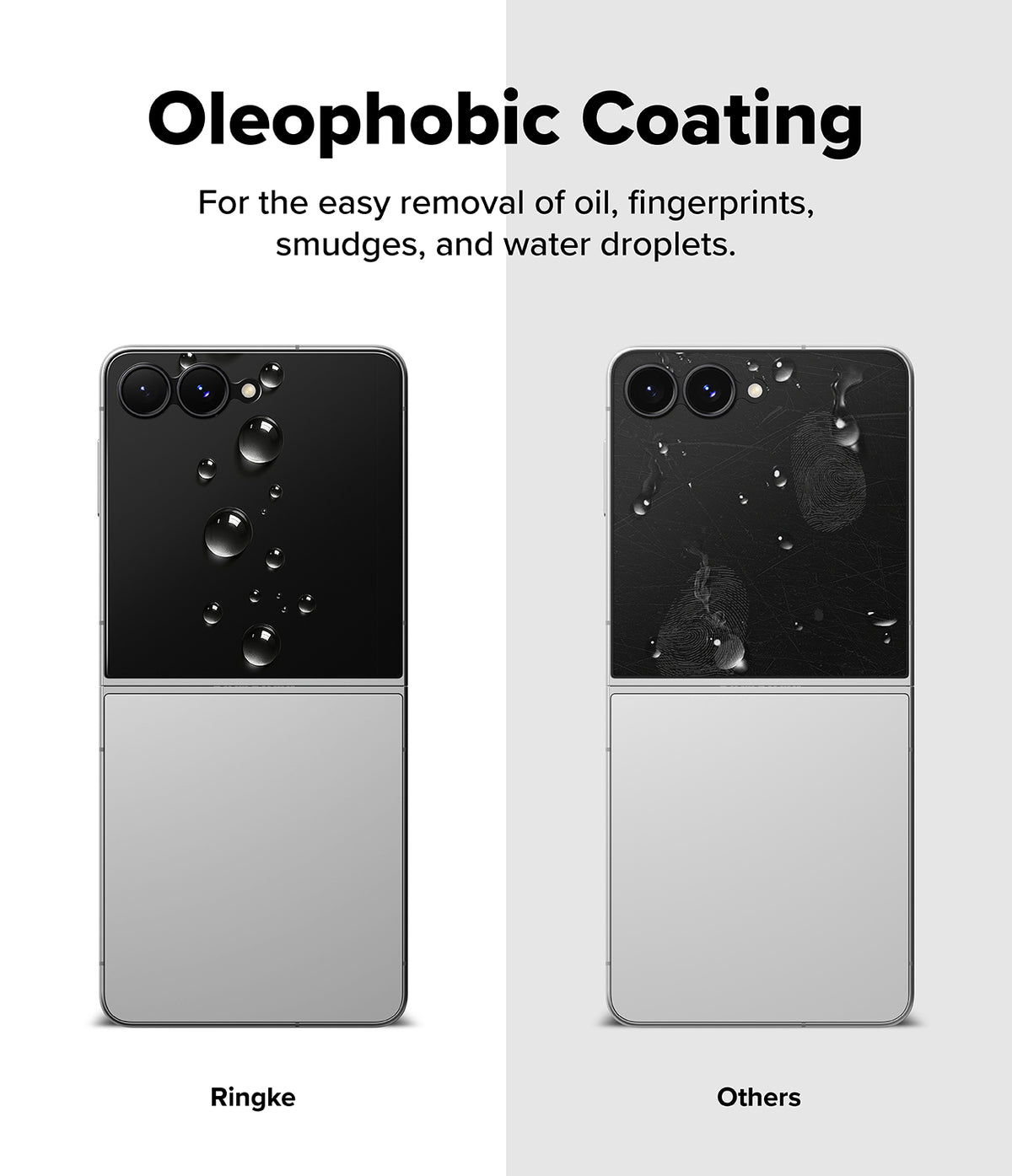 Galaxy Z Flip 8 Screen Protector | Cover Display Tempered Glass Pro (2 Pack) - A promotional comparison graphic for oleophobic coating on a foldable phone. The image shows two views of the same silver-and-black foldable phone on a light gray background, with text at the top reading 'Oleophobic Coating' and smaller explanatory copy.