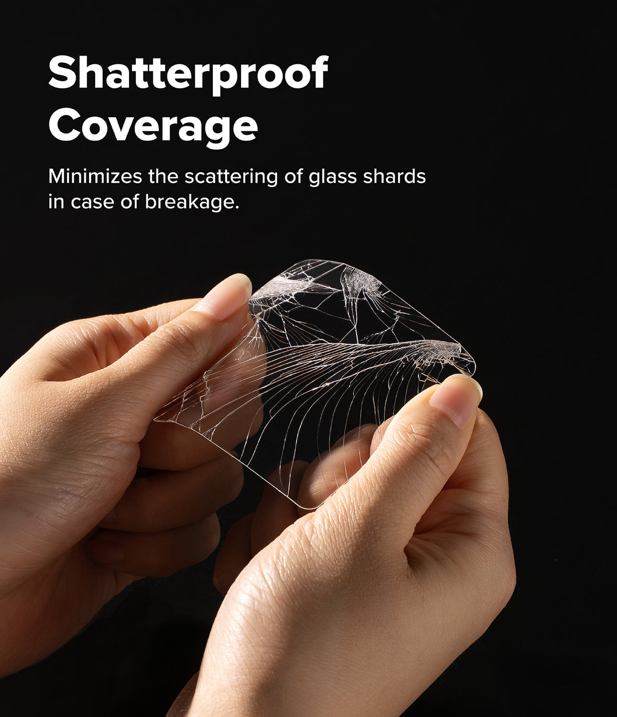 Galaxy Z Flip 8 Screen Protector | Cover Display Tempered Glass Pro (2 Pack) - Hands holding a cracked transparent glass panel against a black background, with white text reading 'Shatterproof Coverage' and a smaller description about minimizing glass shard scattering.