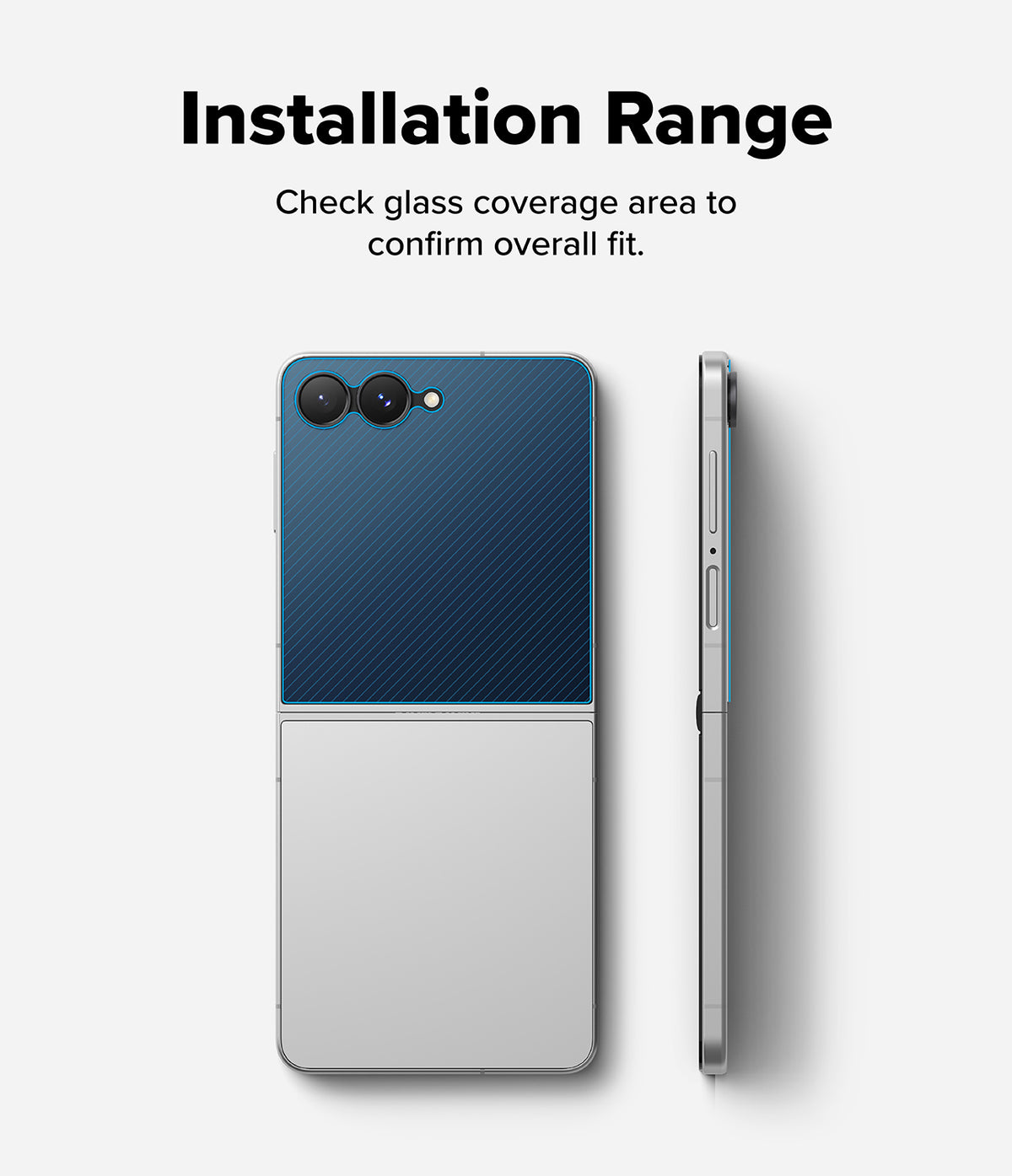 Galaxy Z Flip 8 Screen Protector | Cover Display Tempered Glass Pro (2 Pack) - A foldable smartphone shown from the back and side on a light gray background, with text above reading 'Installation Range' and 'Check glass coverage area to confirm overall fit.' The back panel is dark blue on the upper half and silver on the lower half.