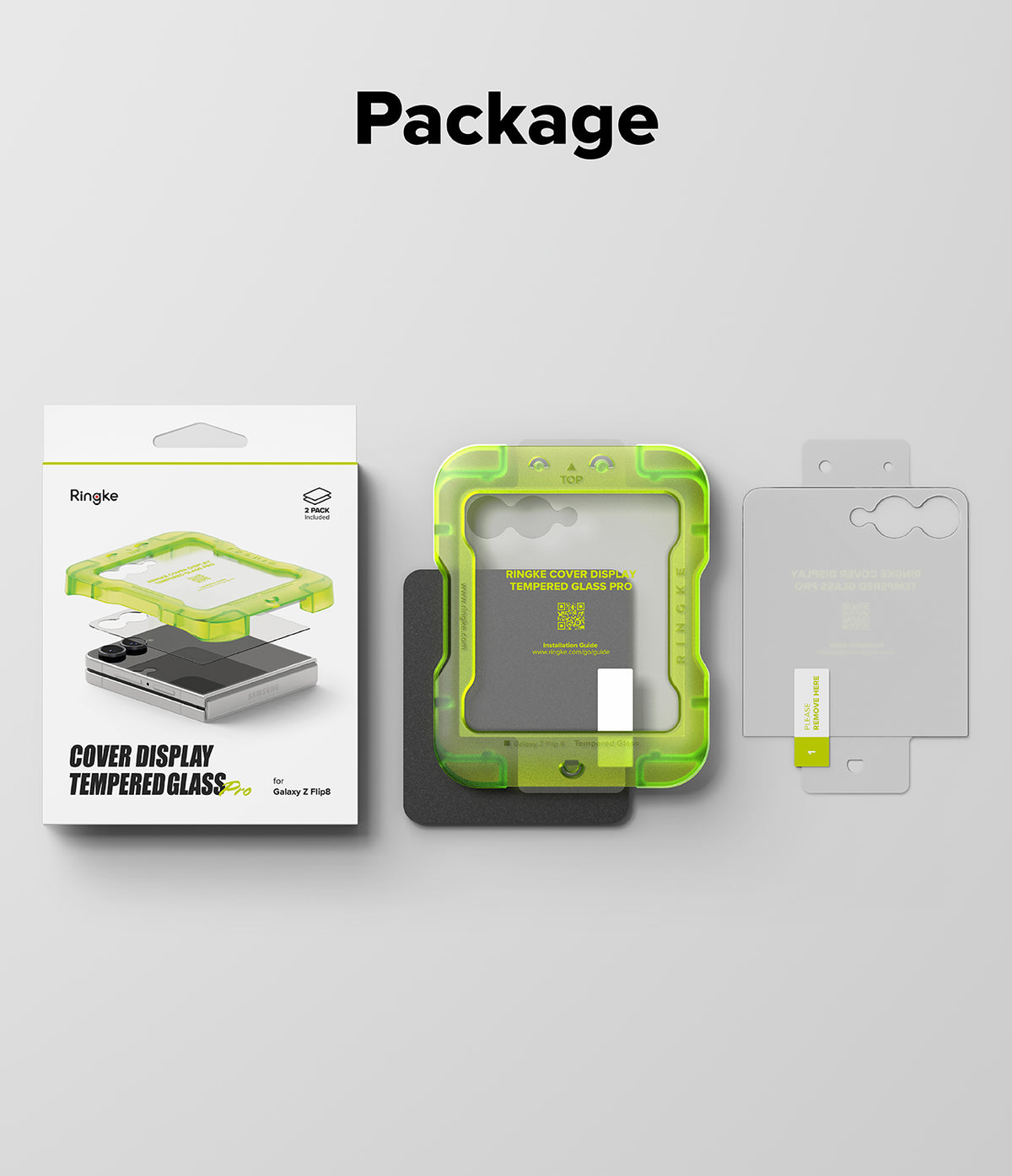 Galaxy Z Flip 8 Screen Protector | Cover Display Tempered Glass Pro (2 Pack) - Rongye cover display tempered glass protector set shown with its retail box, a translucent lime-green protective frame, a gray phone display insert, and a clear protective film on a light gray background under the heading 'Package'.
