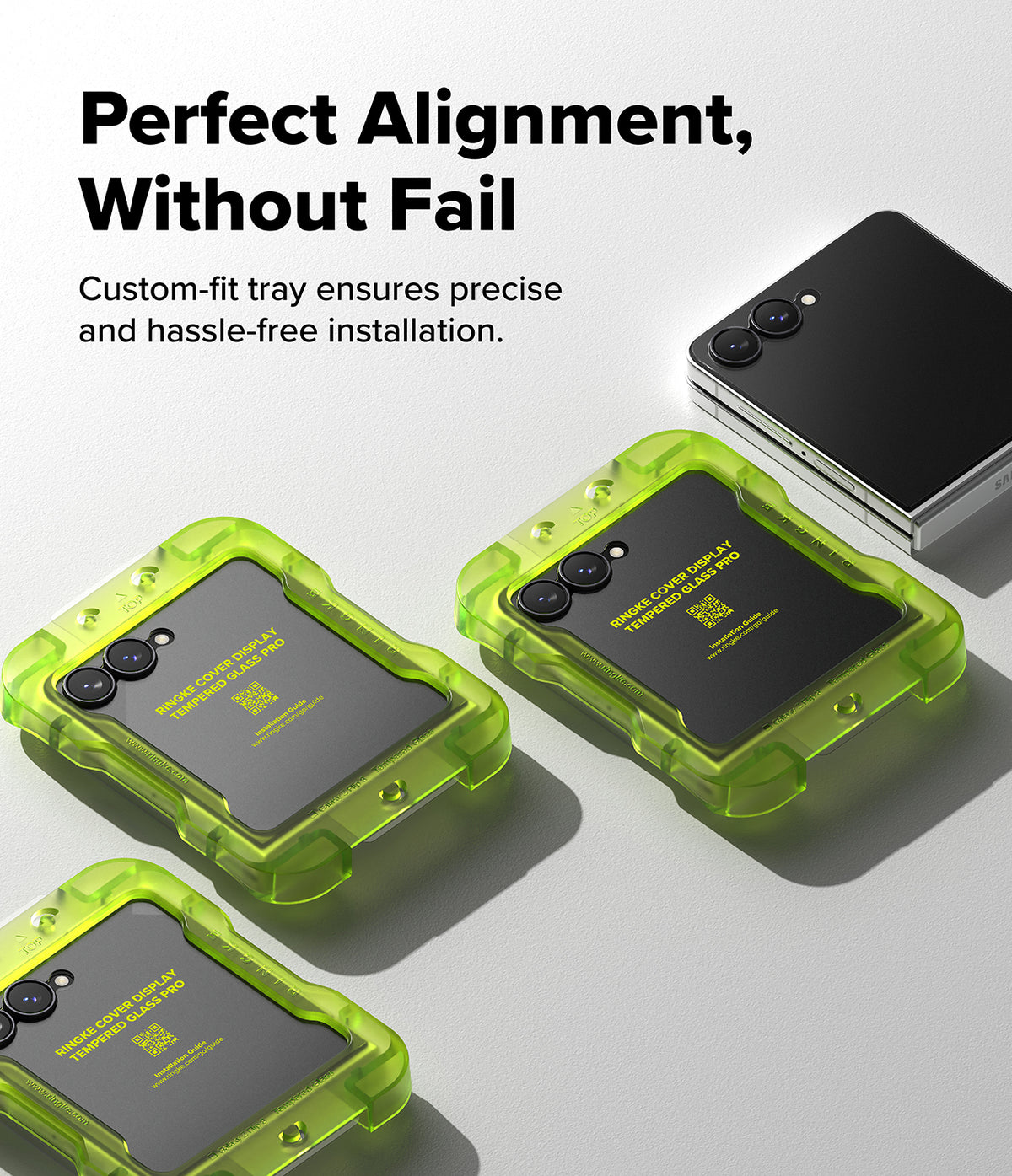 Galaxy Z Flip 8 Screen Protector | Cover Display Tempered Glass Pro (2 Pack) - Three bright translucent lime-green protective phone cases arranged on a light gray background, each holding a black smartphone. A fourth black phone appears at the top right.