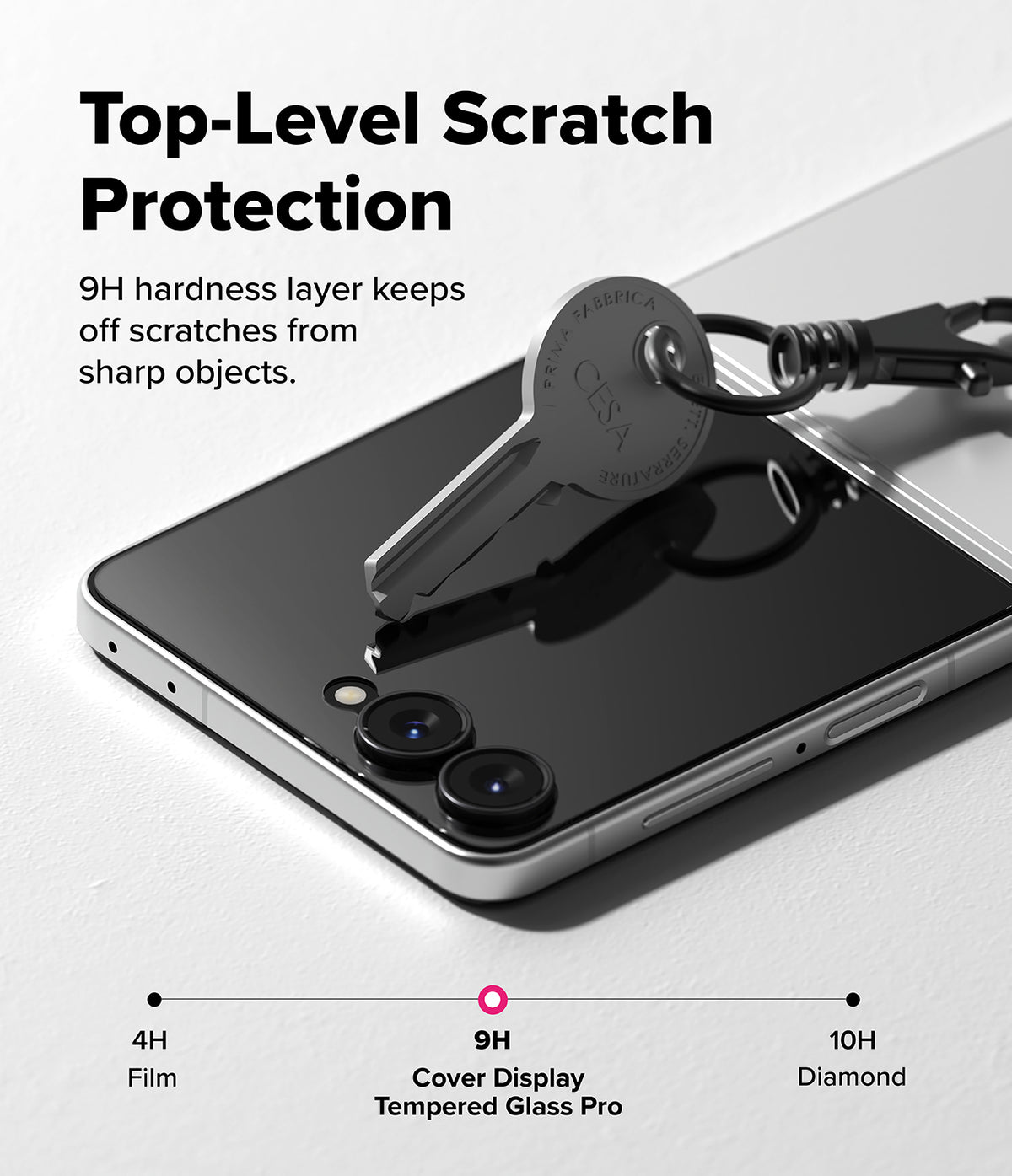 Galaxy Z Flip 8 Screen Protector | Cover Display Tempered Glass Pro (2 Pack) - A smartphone with a dark glass back is shown on a light surface with a key resting on top to demonstrate scratch resistance. Large text reads 'Top-Level Scratch Protection' and smaller text says '9H hardness layer keeps off scratches from sharp objects.