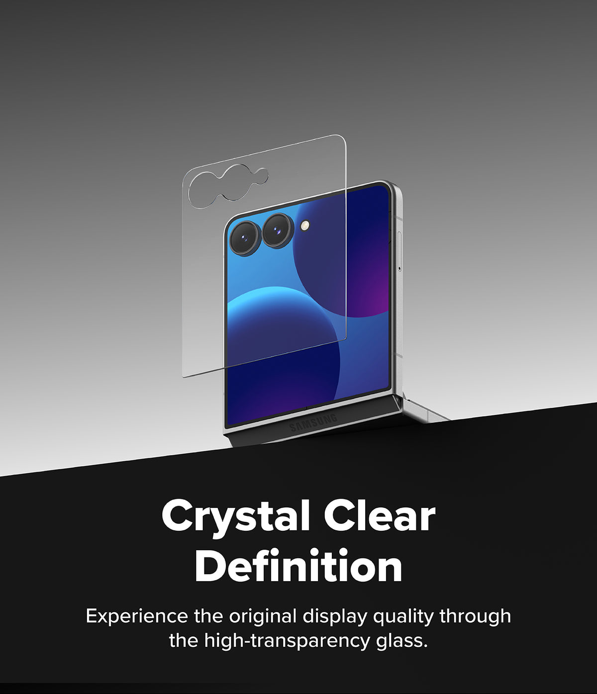 Galaxy Z Flip 8 Screen Protector | Cover Display Tempered Glass Pro (2 Pack) - A transparent screen protector shown floating over a smartphone with a blue and purple display, with marketing text reading 'Crystal Clear Definition' on a dark background.