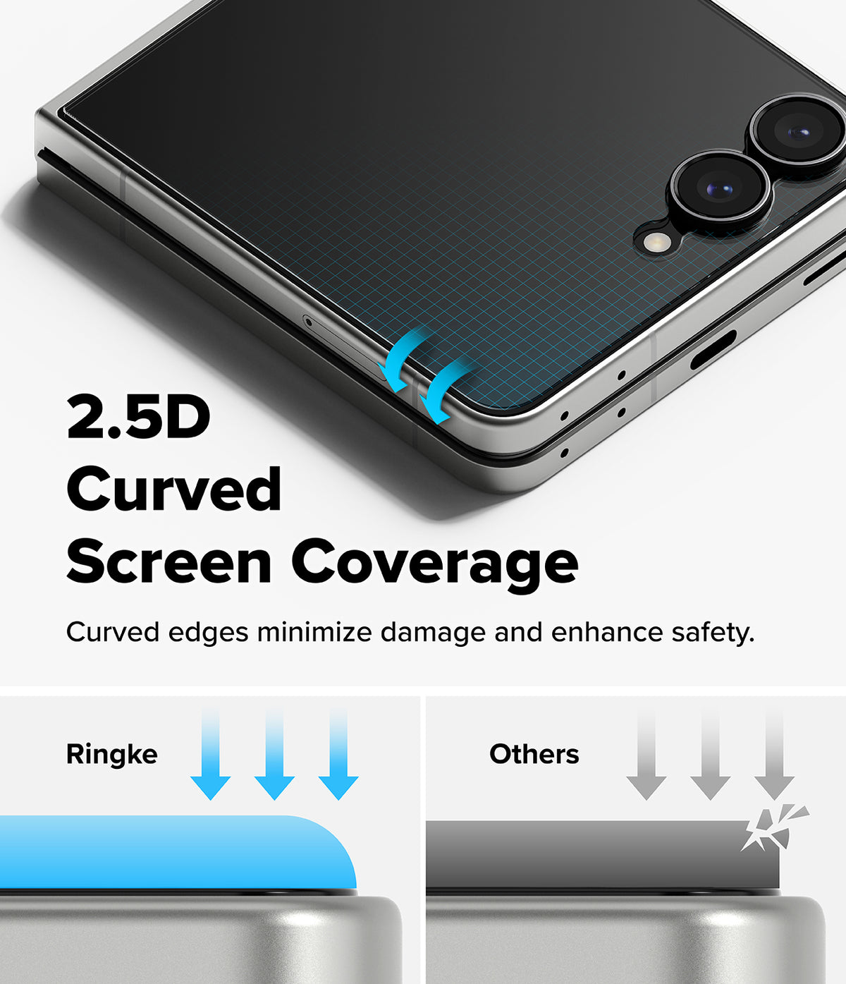 Galaxy Z Flip 8 Screen Protector | Cover Display Tempered Glass Pro (2 Pack) - Promotional graphic for a phone case or screen protector showing a folded smartphone with text reading '2.5D Curved Screen Coverage' and comparison arrows labeled 'Ringke' and 'Others' on a light gray background.
