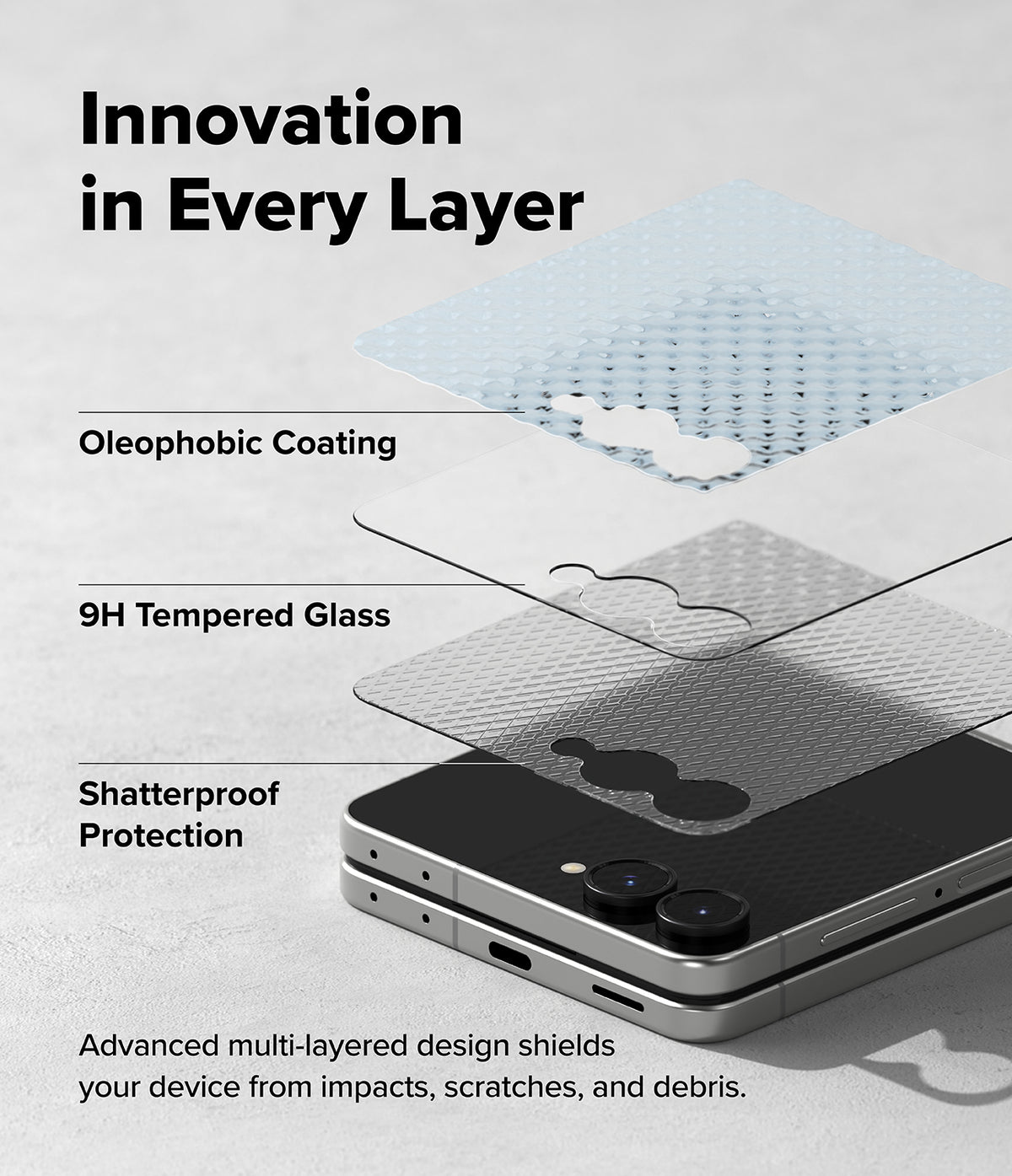 Galaxy Z Flip 8 Screen Protector | Cover Display Tempered Glass Pro (2 Pack) - A promotional graphic showing a smartphone with three transparent protective layers labeled Oleophobic Coating, 9H Tempered Glass, and Shatterproof Protection, plus the headline 'Innovation in Every Layer' on a light gray background.