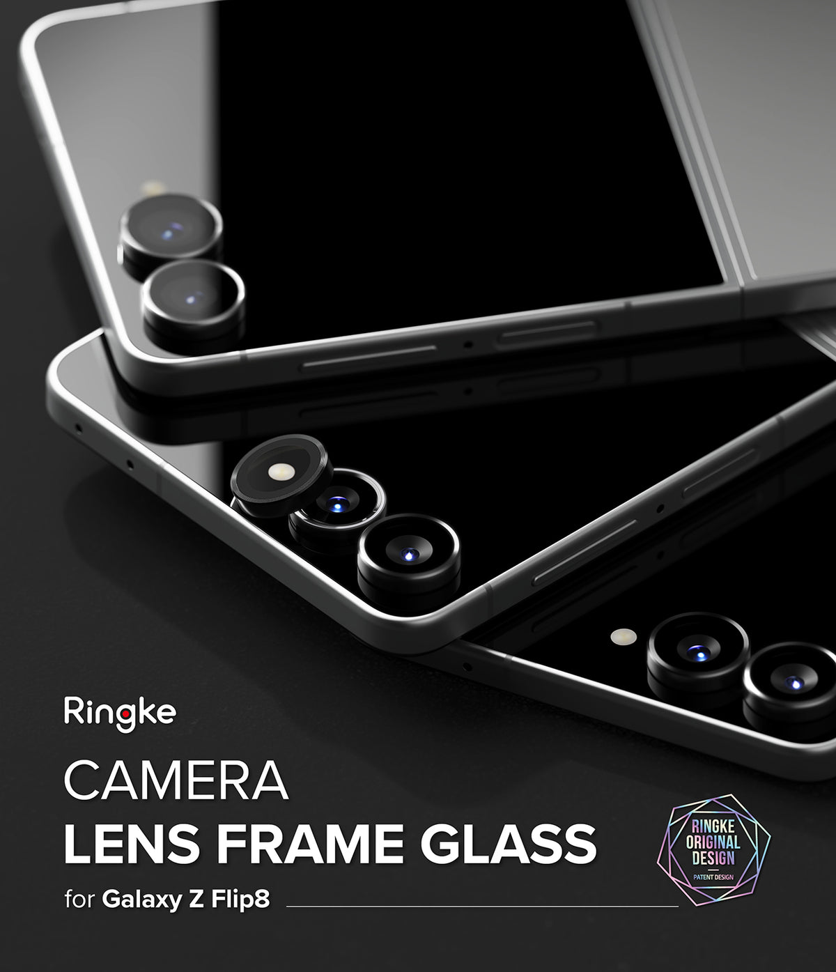 Galaxy Z Flip 8 Camera Protector | Camera Lens Frame Glass (2 Pack) - Camera Lens Frame Glass - Silver smartphone with individual black lens protectors being applied.