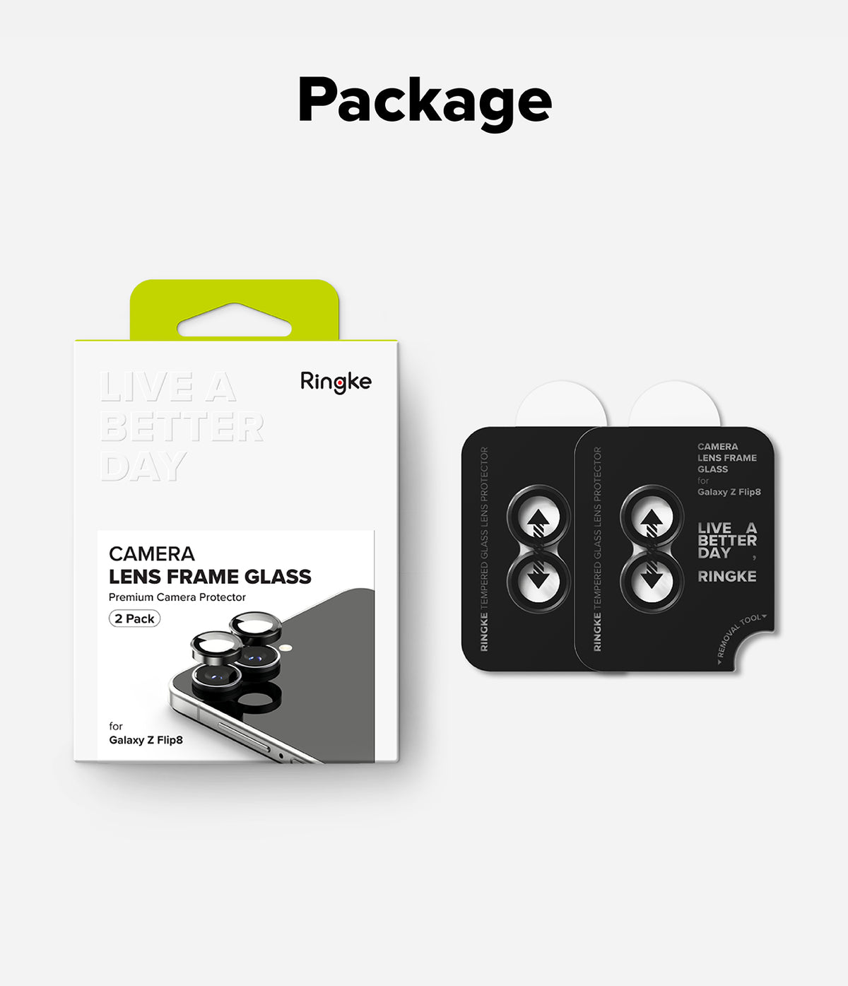 Galaxy Z Flip 8 Camera Protector | Camera Lens Frame Glass (2 Pack) - Ringke camera lens protector packaging and two black lens covers.