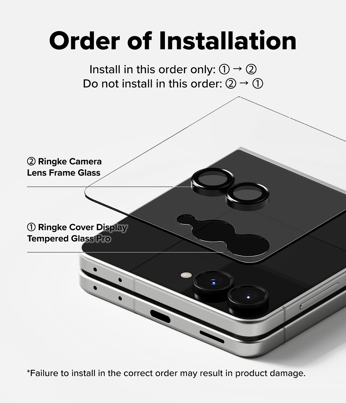 Galaxy Z Flip 8 Camera Protector | Camera Lens Frame Glass (2 Pack) - Installation guide showing the correct order for applying tempered glass and camera lens frame glass protectors on a smartphone.