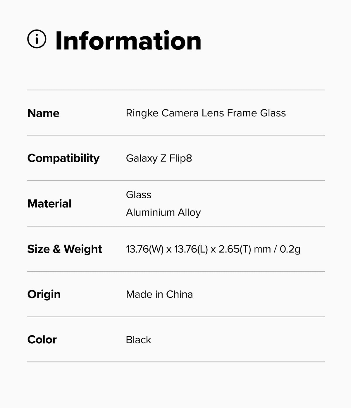 Galaxy Z Flip 8 Camera Protector | Camera Lens Frame Glass (2 Pack) - Specification table listing product name, compatibility, material, size, weight, origin, and color.