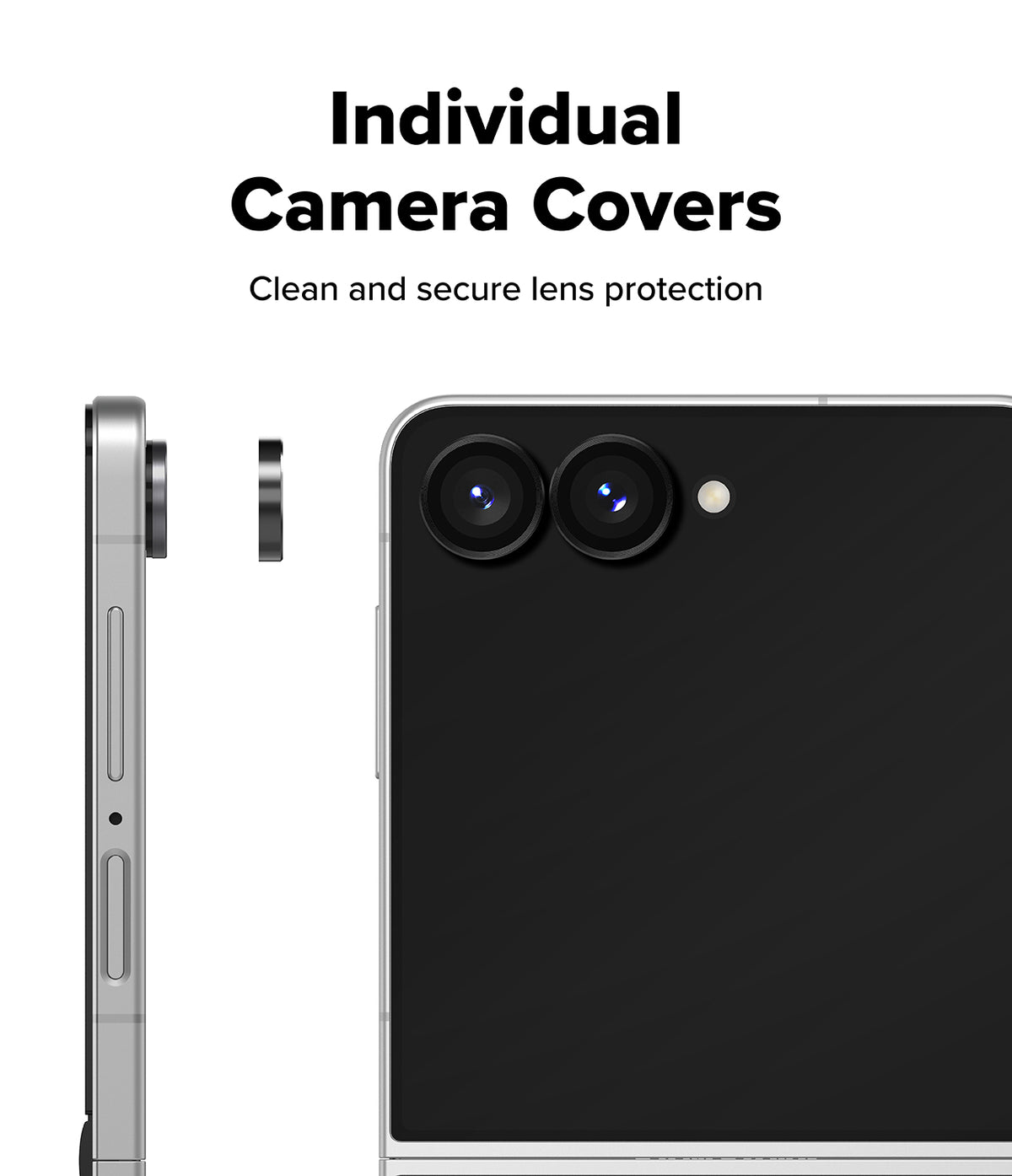 Galaxy Z Flip 8 Camera Protector | Camera Lens Frame Glass (2 Pack) - Individual lens covers shown being applied to a silver smartphone.