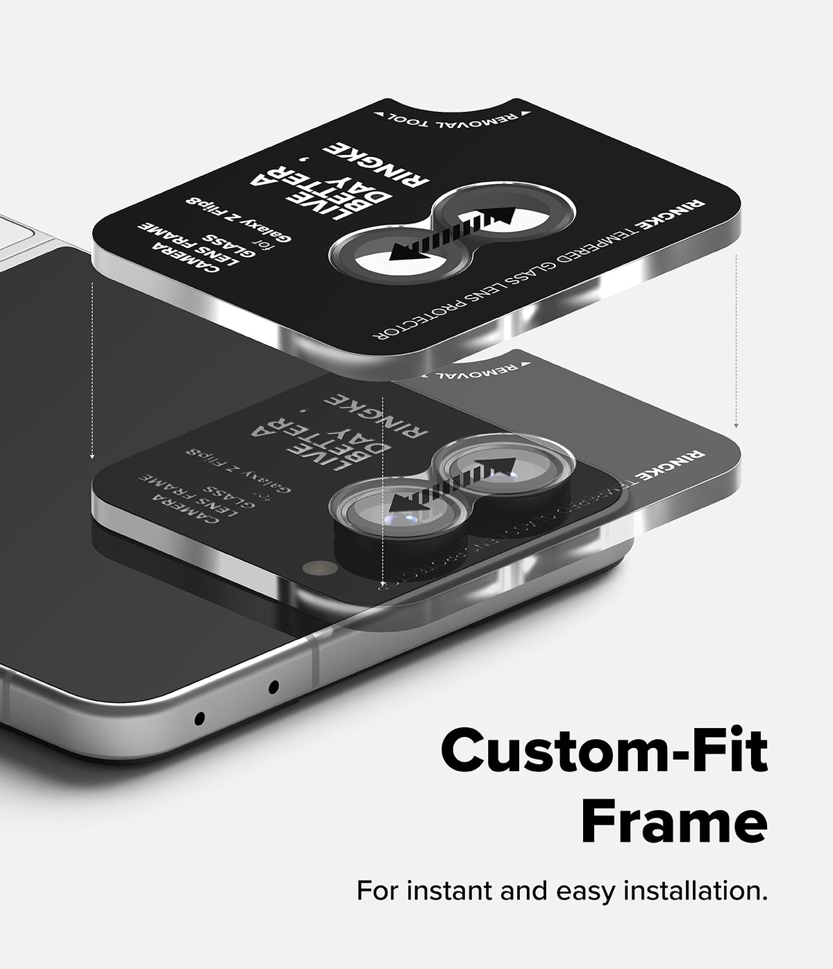 Galaxy Z Flip 8 Camera Protector | Camera Lens Frame Glass (2 Pack) - Installation tool aligning tempered glass protectors onto phone camera lenses.