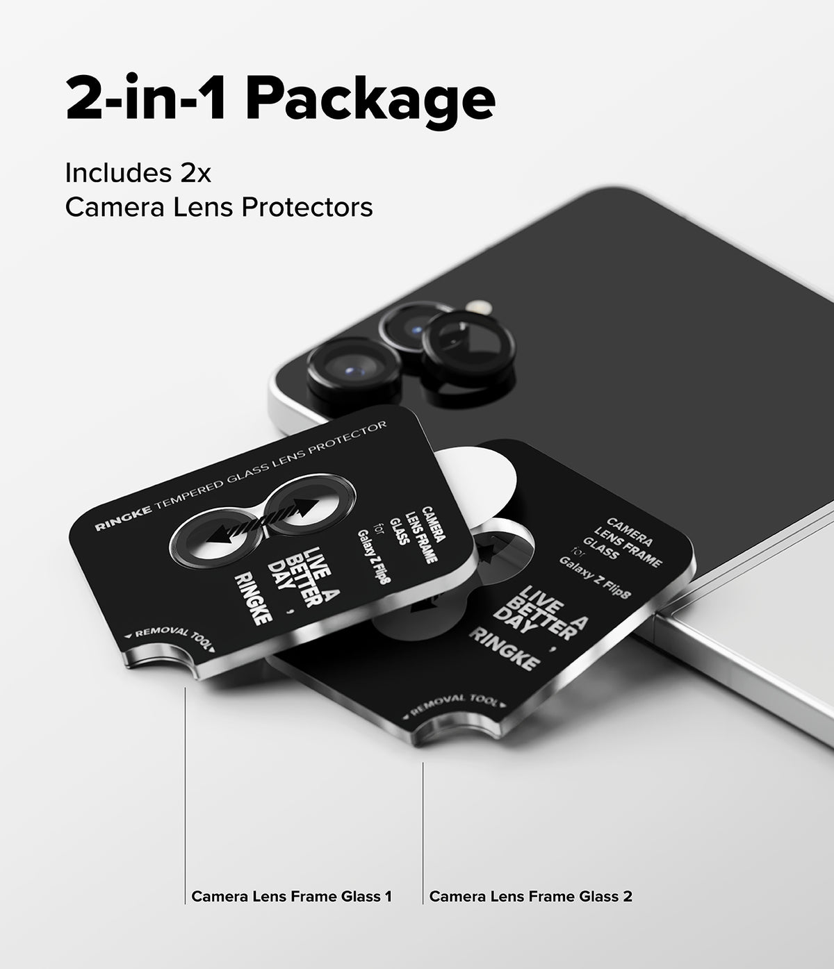 Galaxy Z Flip 8 Camera Protector | Camera Lens Frame Glass (2 Pack) - Two black lens protector sets next to a smartphone with installed lenses.