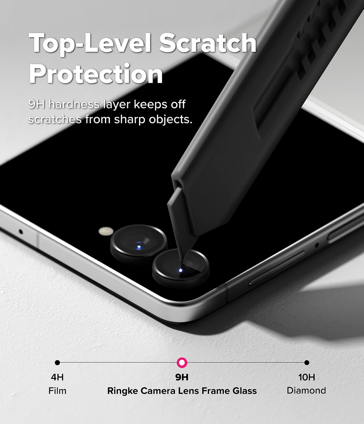 Galaxy Z Flip 8 Camera Protector | Camera Lens Frame Glass (2 Pack) - A utility knife blade presses against a phone camera lens protector, demonstrating 9H scratch resistance.