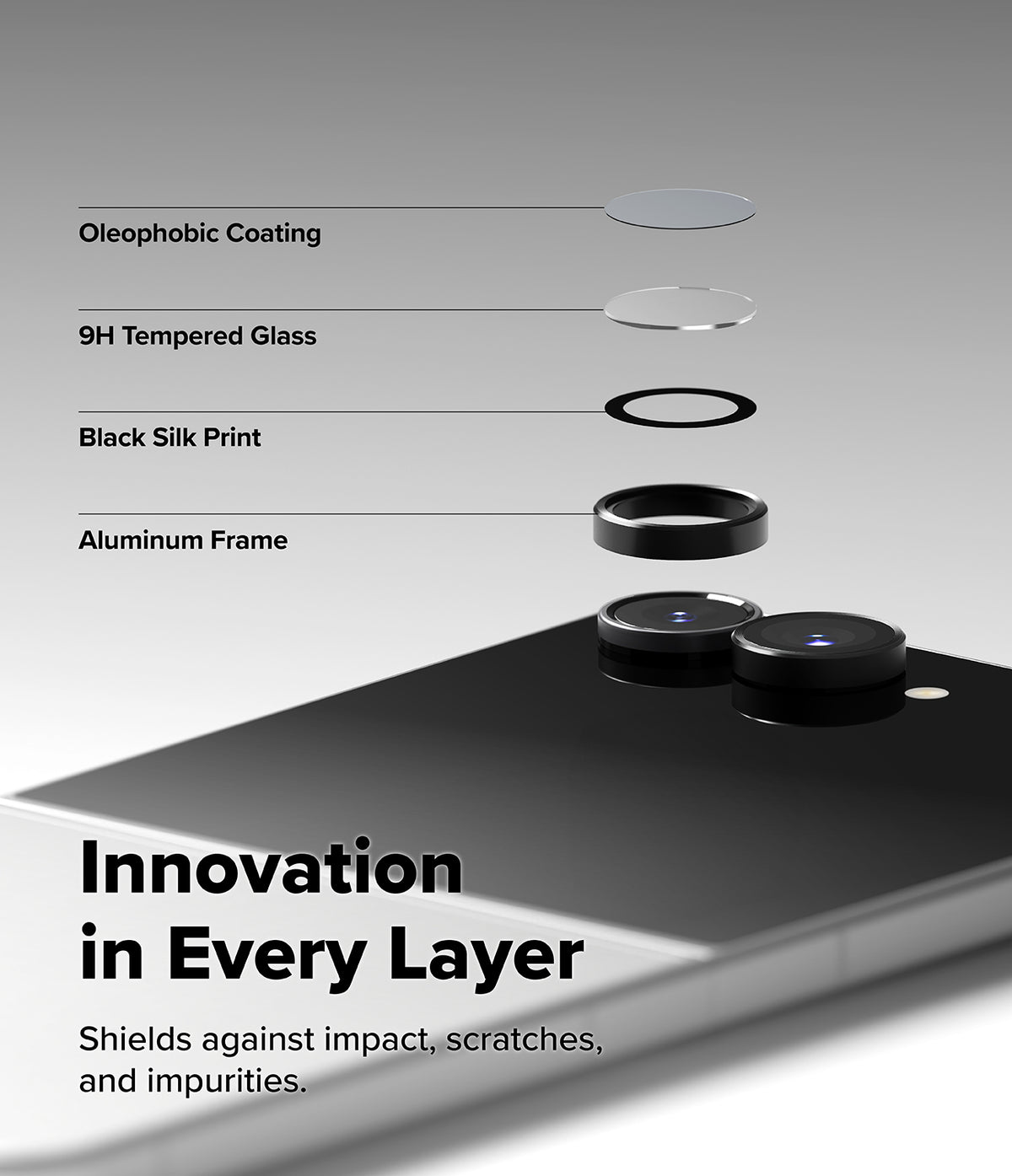 Galaxy Z Flip 8 Camera Protector | Camera Lens Frame Glass (2 Pack) - Exploded view of camera lens protector layers including coating, tempered glass, and aluminum frame.