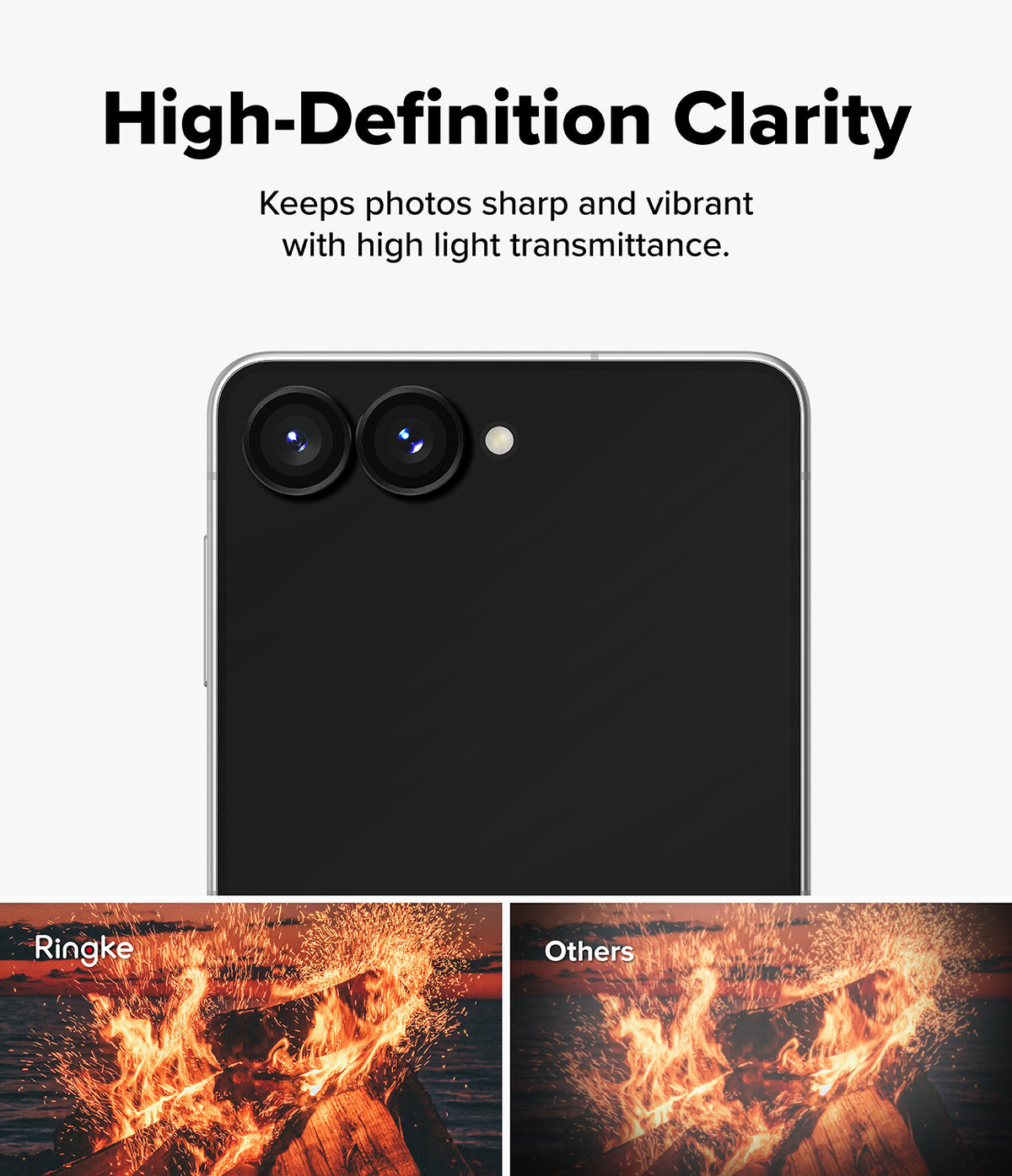 Galaxy Z Flip 8 Camera Protector | Camera Lens Frame Glass (2 Pack) - High-definition camera lens protector showing clear image quality with high light transmission compared to other protectors.