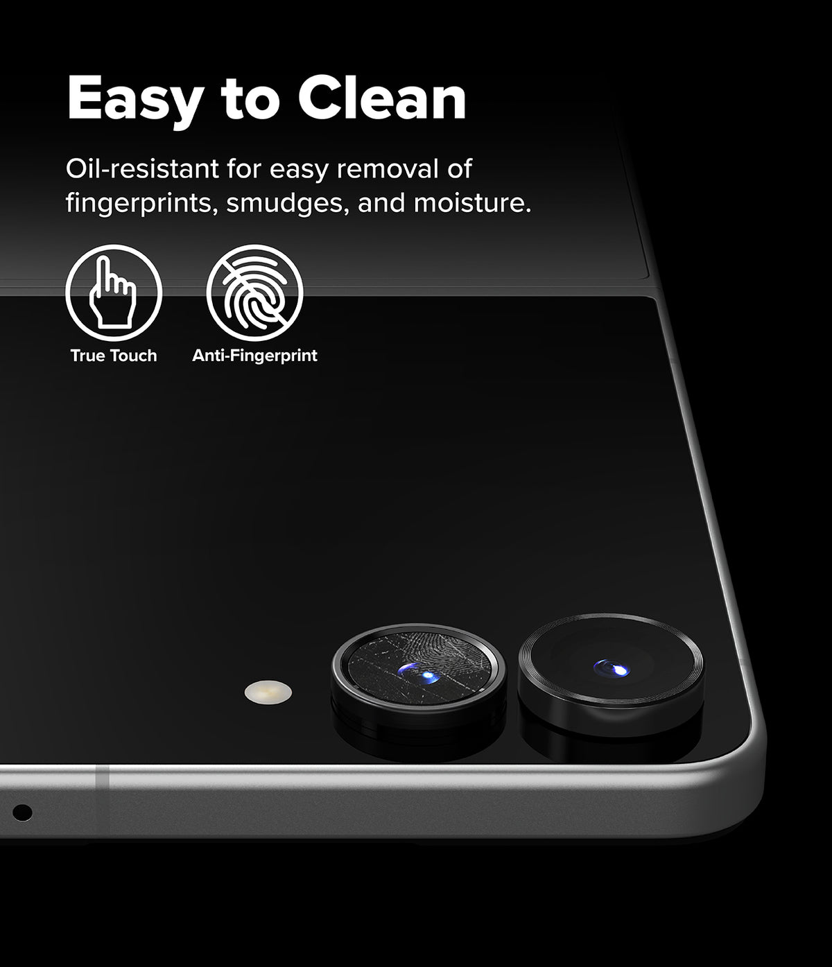 Galaxy Z Flip 8 Camera Protector | Camera Lens Frame Glass (2 Pack) - Camera lens protectors on a smartphone back, highlighting oleophobic coating and anti-fingerprint tech.