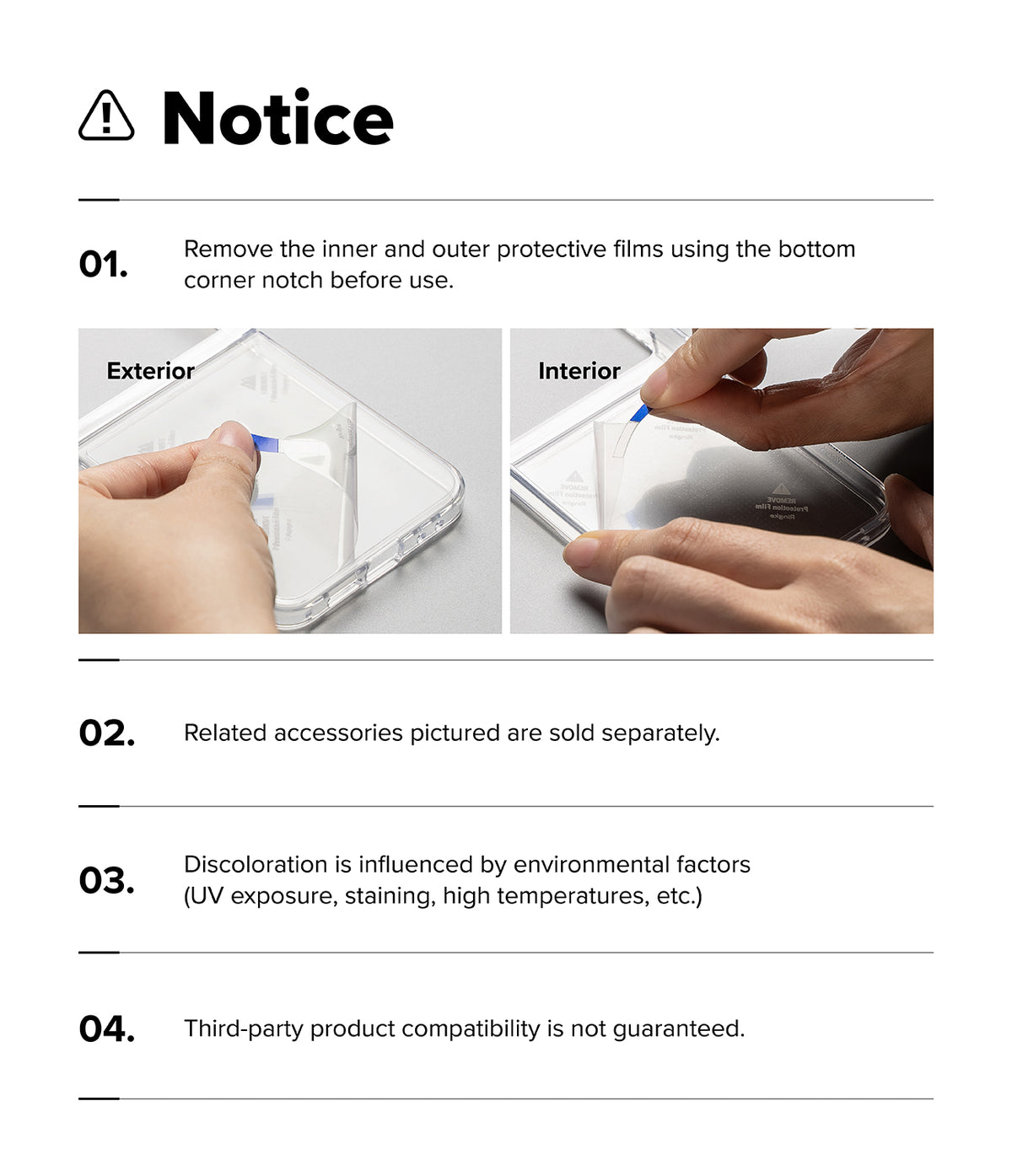 Galaxy Z Flip 8 Case | Fusion Flap Magnetic - A white instruction sheet with the word 'Notice' and four numbered points. Two small photos show hands applying a clear protective film to the exterior and interior of a smartphone, with text explaining that the inner and outer films should be removed before use and that accessories are sold separately.