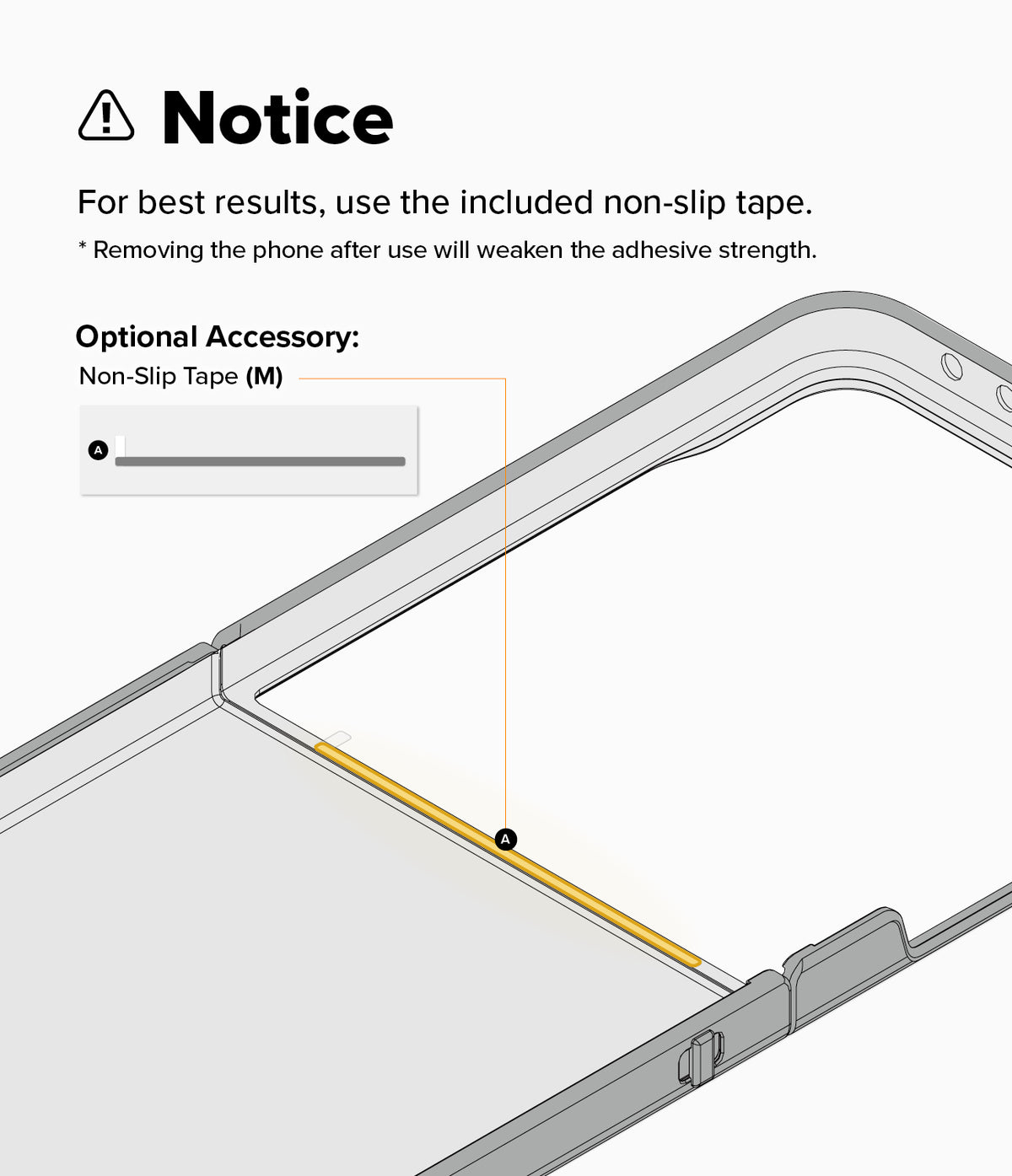 Galaxy Z Flip 8 Case | Fusion Flap - Instruction graphic showing a phone with a highlighted non-slip tape strip and text that says to use the included non-slip tape, plus an optional accessory indicator.