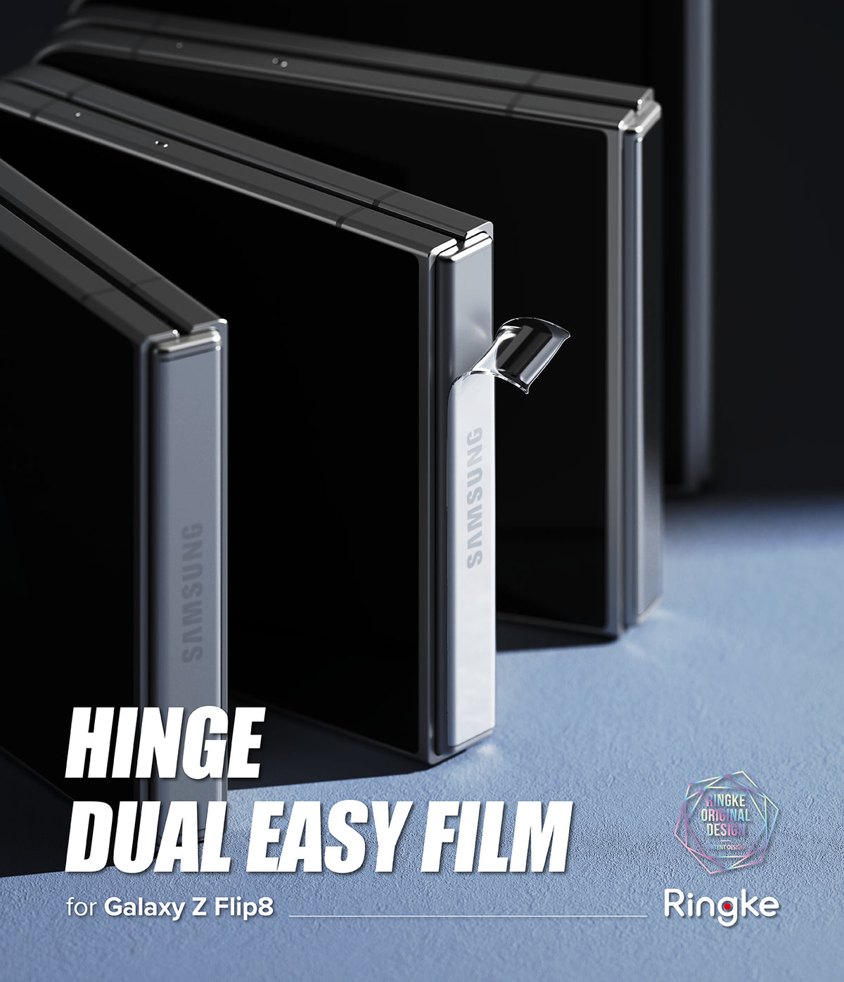 Galaxy Z Flip 8 Hinge Protector | Hinge Dual Easy Film (2 Pack) - Three Samsung Galaxy Z Flip8 foldable phones shown closed in a studio-style composition on a blue surface with a dark background. Large text reads 'HINGE DUAL EASY FILM' and 'for Galaxy Z Flip8', with the Ringke logo in the lower right.