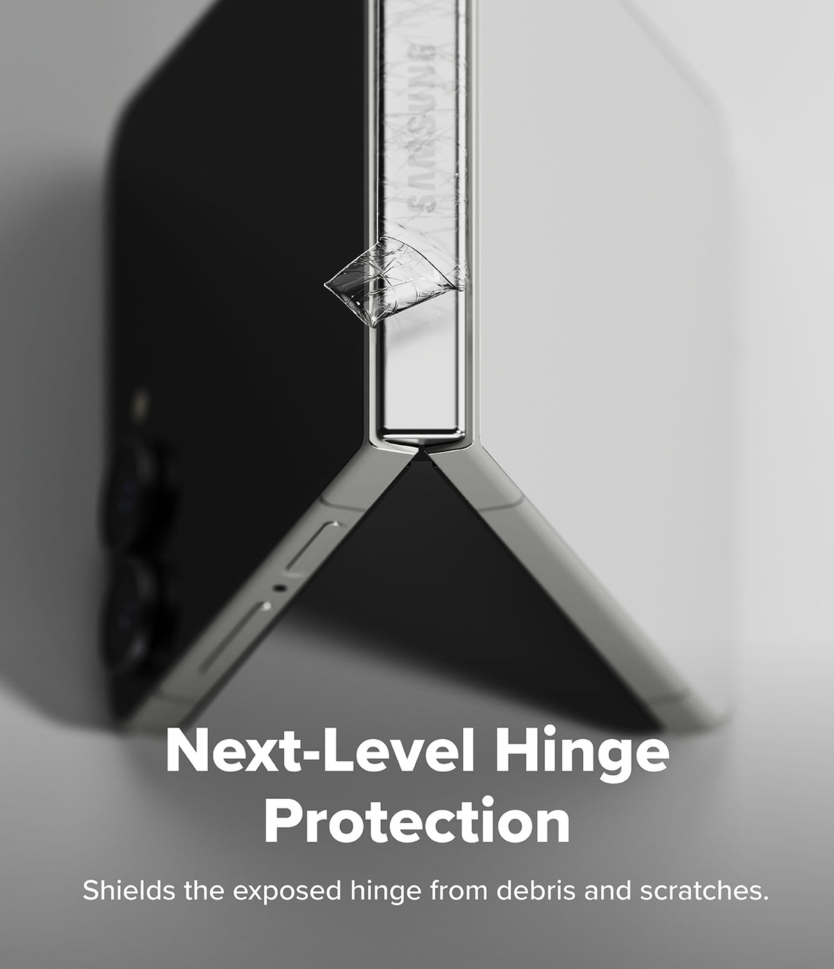 Galaxy Z Flip 8 Hinge Protector | Hinge Dual Easy Film (2 Pack) - Close-up of a foldable smartphone hinge with a transparent protective cover applied, overlaid with the text 'Next-Level Hinge Protection' and 'Shields the exposed hinge from debris and scratches.'.
