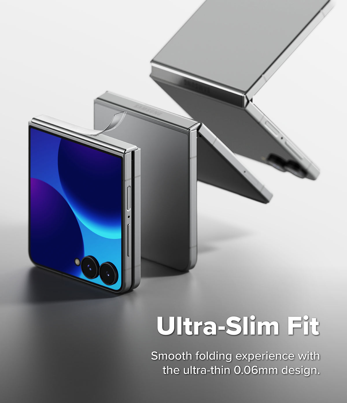 Galaxy Z Flip 8 Hinge Protector | Hinge Dual Easy Film (2 Pack) - A foldable smartphone shown in three angles, including one open view displaying a blue and purple screen and two closed views showing the slim metallic back. Text at the bottom reads 'Ultra-Slim Fit' with smaller descriptive copy.