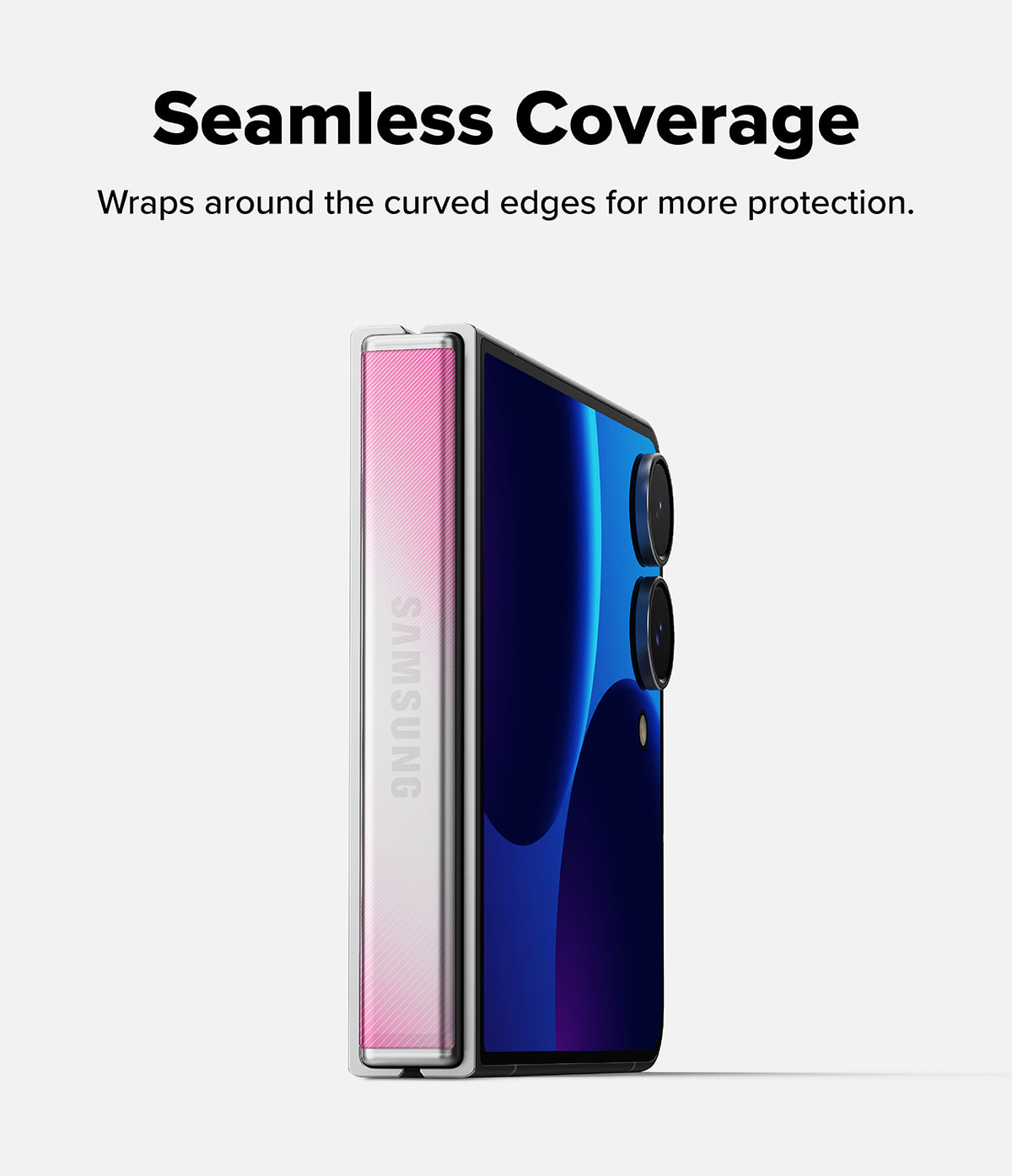 Galaxy Z Flip 8 Hinge Protector | Hinge Dual Easy Film (2 Pack) - A Samsung foldable smartphone shown standing upright with a transparent protective case around the left edge. Large text at the top reads 'Seamless Coverage' with smaller text below saying it wraps around curved edges for more protection.