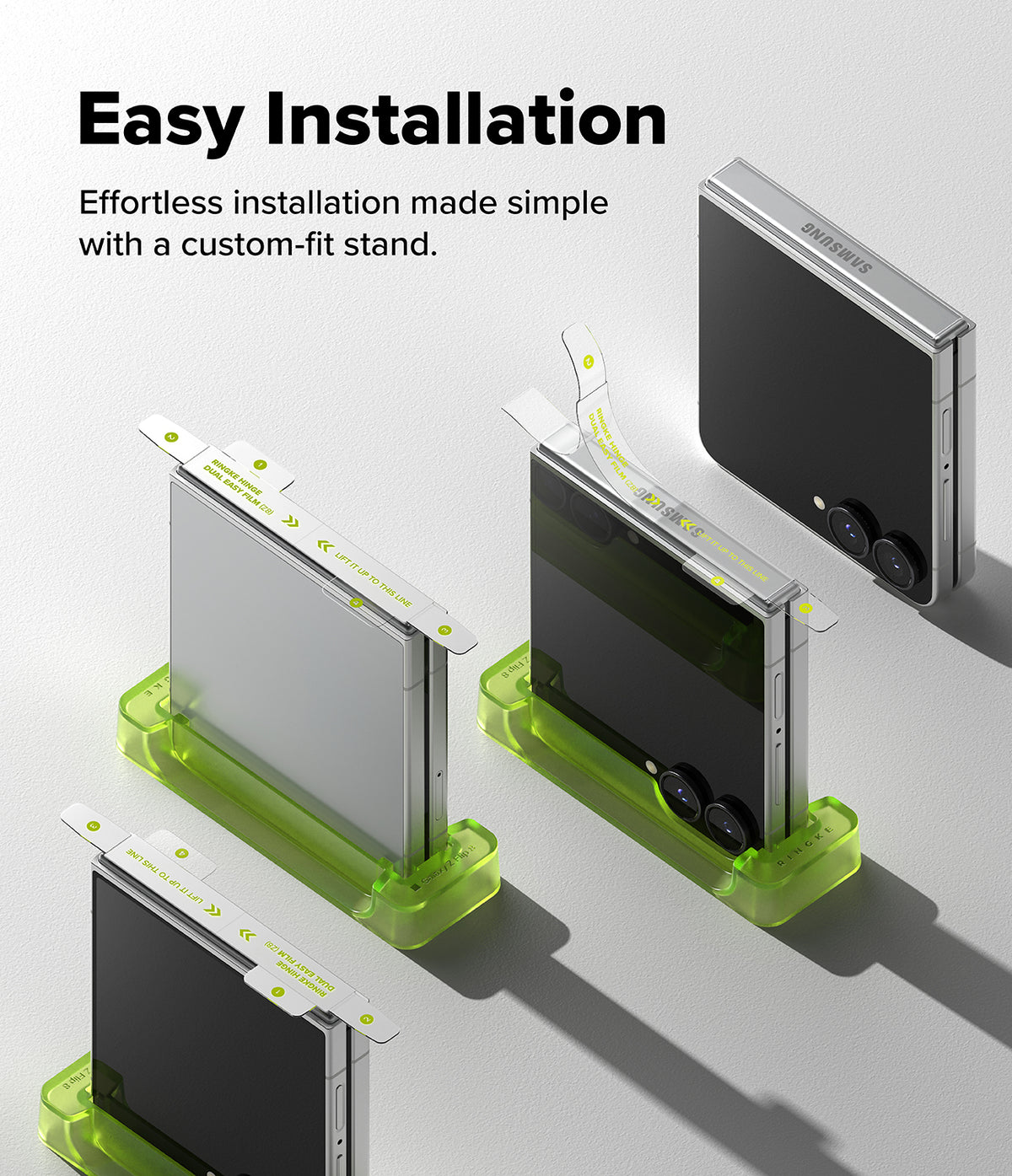 Galaxy Z Flip 8 Hinge Protector | Hinge Dual Easy Film (2 Pack) - Three silver electronic devices with black front panels are shown mounted in bright translucent green custom-fit stands on a light gray background. Large text at the top reads 'Easy Installation' with smaller copy about effortless installation made simple with a custom-fit stand.