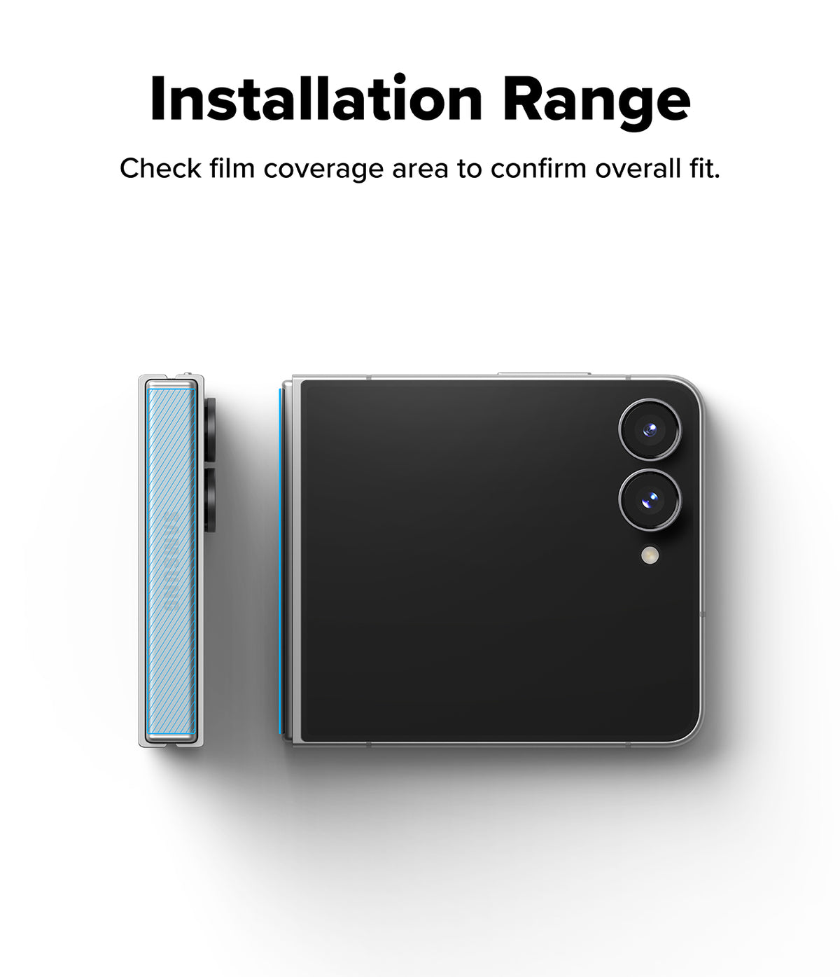 Galaxy Z Flip 8 Hinge Protector | Hinge Dual Easy Film (2 Pack) - A black foldable smartphone shown open and closed on a white background with the text 'Installation Range' and 'Check film coverage area to confirm overall fit.' above it.