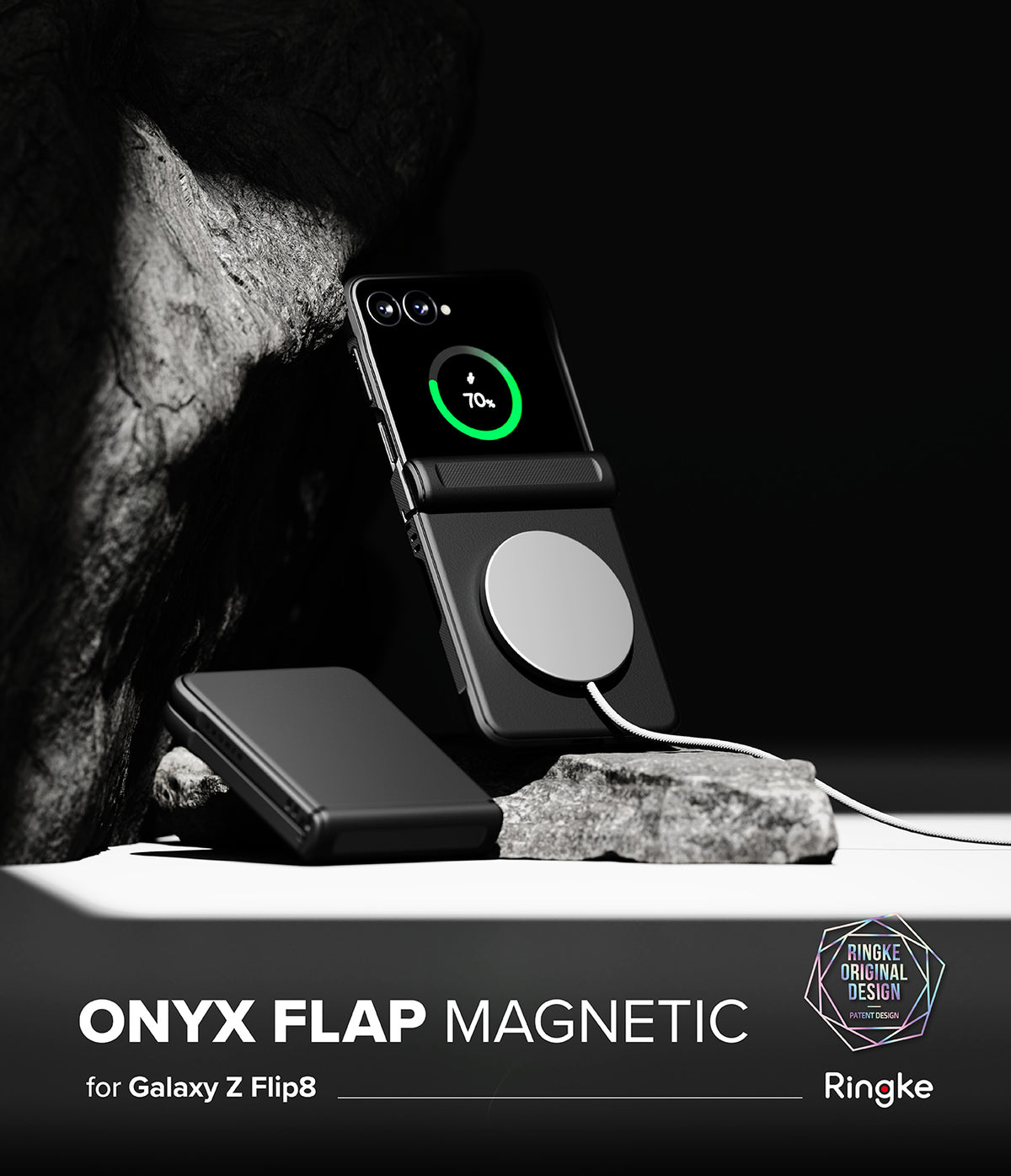 Galaxy Z Flip 8 Case | Onyx Flap Magnetic - A black magnetic flip phone case shown on a Samsung Galaxy Z Flip8, with the outer flap closed and the inner flap open, featuring a circular magnetic ring. The phone inside displays a green charging icon.