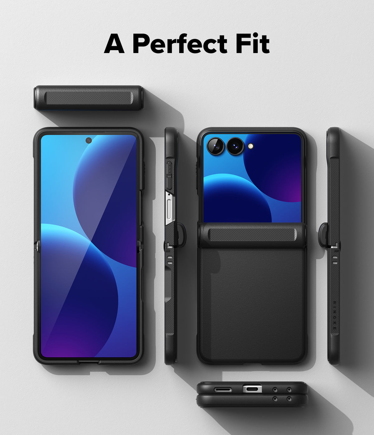 Galaxy Z Flip 8 Case | Onyx Flap Magnetic - A black smartphone case shown from multiple angles on a light gray background, with the text 'A Perfect Fit' at the top. The phone inside the case displays a blue and purple wallpaper.