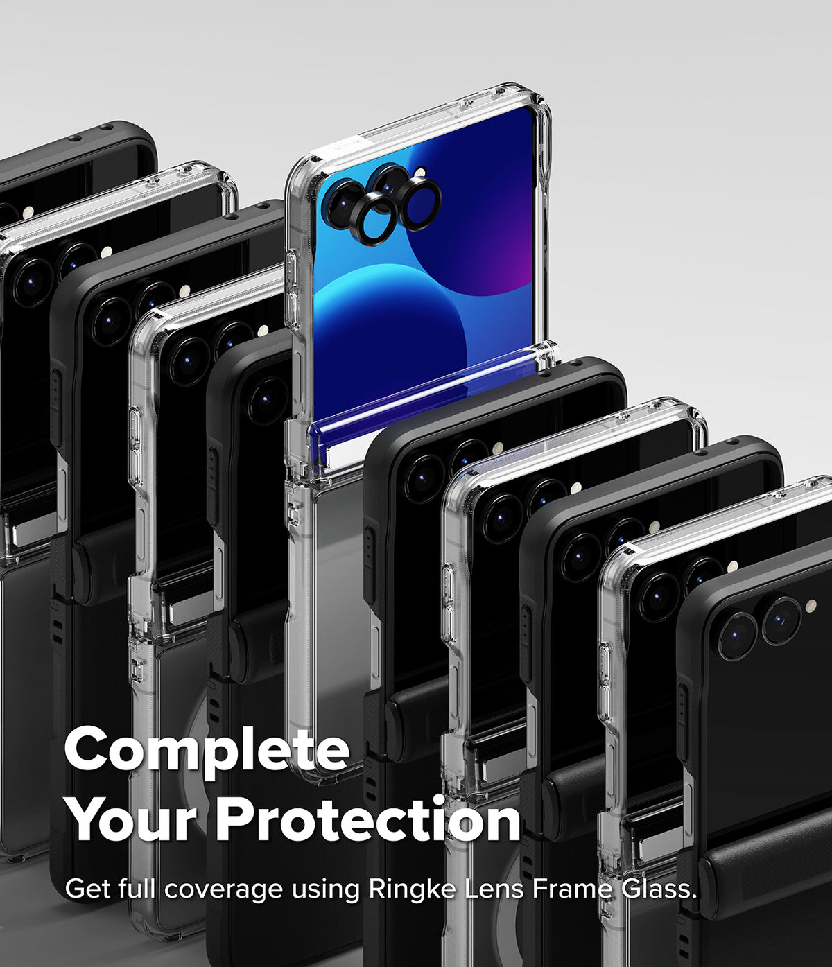 Galaxy Z Flip 8 Case | Onyx Flap Magnetic - A promotional render showing multiple smartphone cases arranged in rows, with one clear case on a phone standing upright in the center. The text reads, 'Complete Your Protection' and 'Get full coverage using Ringke Lens FrameGlass.