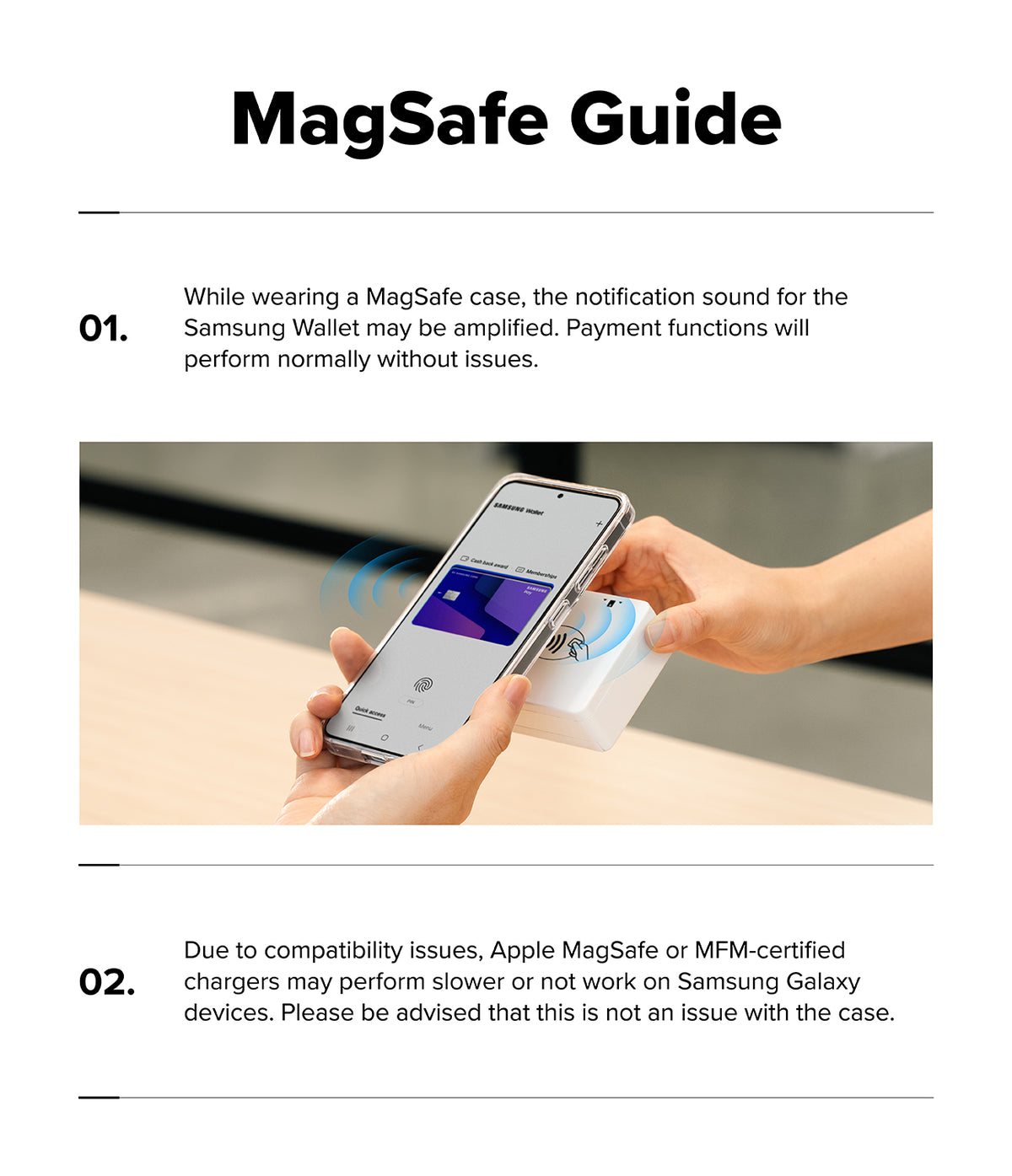 Galaxy Z Flip 8 Case | Onyx Flap Magnetic - A compatibility and usage guide graphic titled 'MagSafe Guide' with text about using a Samsung Wallet and a photo showing hands holding a smartphone near a MagSafe case.