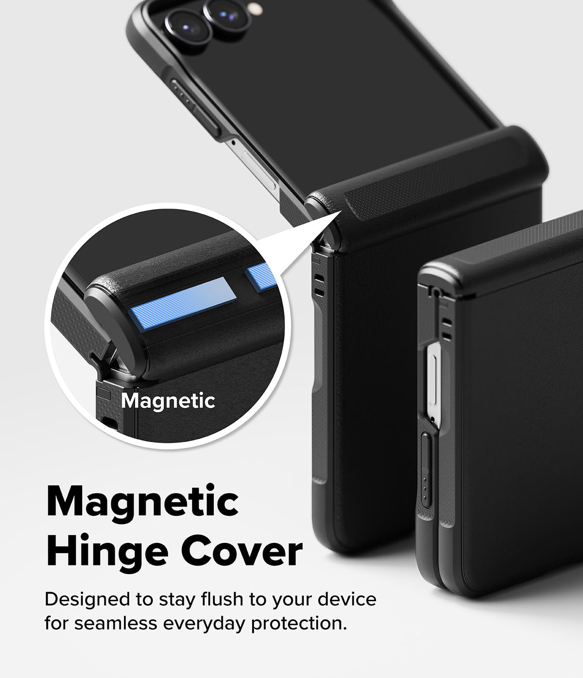 Galaxy Z Flip 8 Case | Onyx Flap Magnetic - Black magnetic hinge cover case shown attached to a smartphone, with a circular inset highlighting the magnetic feature and text reading 'Magnetic Hinge Cover' on a light gray background.