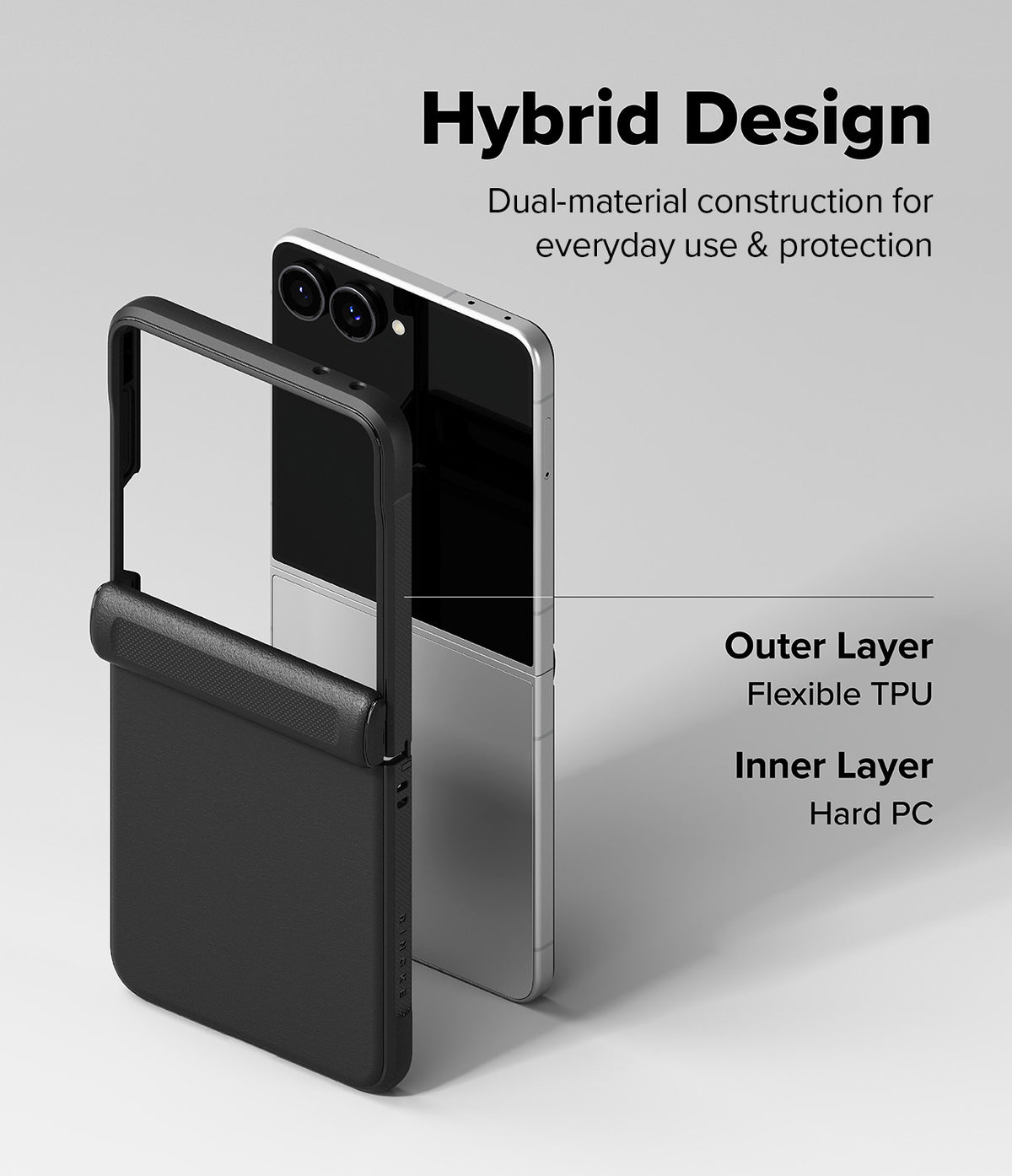Galaxy Z Flip 8 Case | Onyx Flap Magnetic - A black hybrid phone case with a built-in kickstand is shown alongside a smartphone on a light gray background, with text explaining the dual-material design: outer layer flexible TPU and inner layer hard PC.