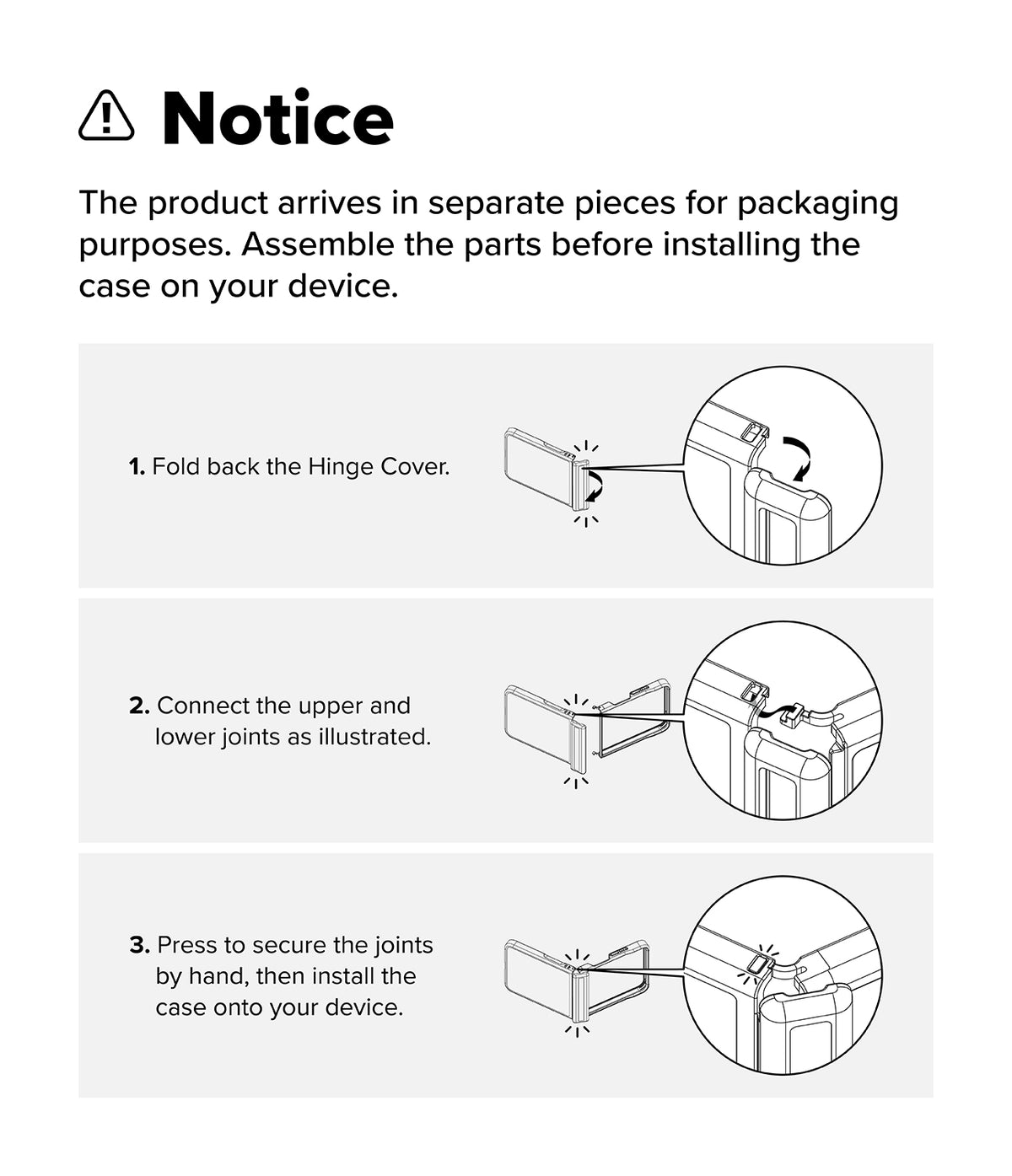 Galaxy Z Flip 8 Case | Onyx Flap - Instruction notice sheet showing three steps for assembling a product case: fold back the hinge cover, connect the upper and lower joints, and press to secure the joints before installing the case on a device.