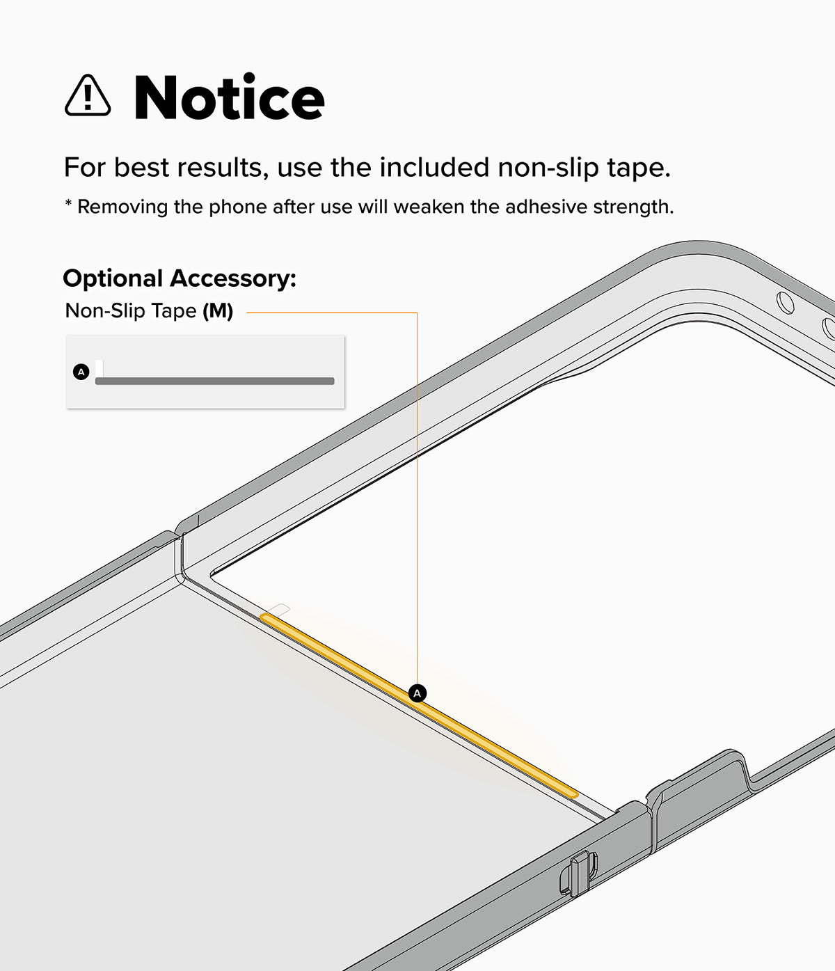 Galaxy Z Flip 8 Case | Onyx Flap - Instruction graphic showing a smartphone with a highlighted non-slip tape strip inside the camera cutout, plus text noting to use the included non-slip tape and an optional accessory.